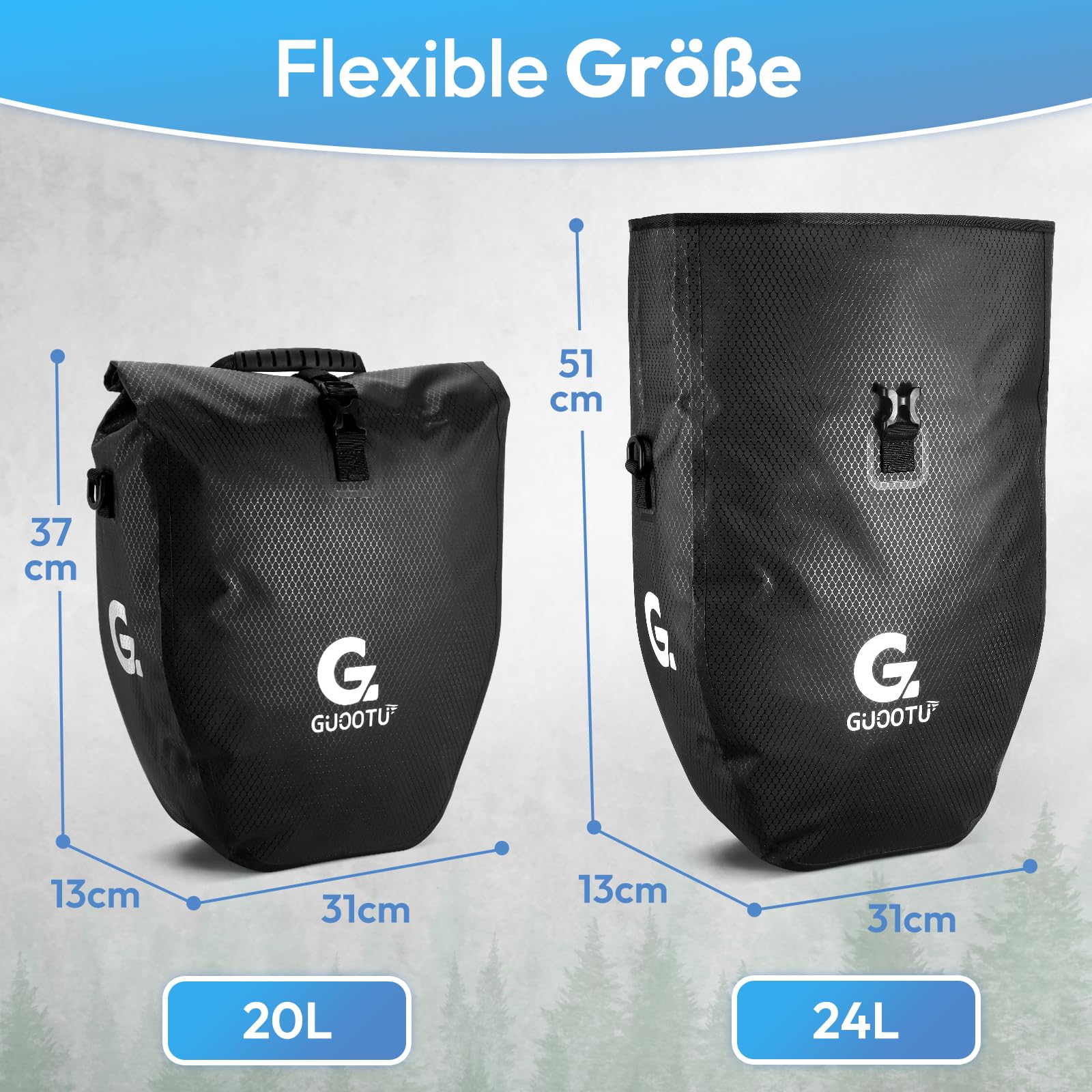 GUOOTU 2 Er Set Fahrradtasche für Gepäckträger 40L mit Tragegriff und Schultergurt fahrradtasche gepäckträger, gepäckträgertasche, Gepäckträgertasche mit Reflektoren (Schwarz 20L, 2er Set)
