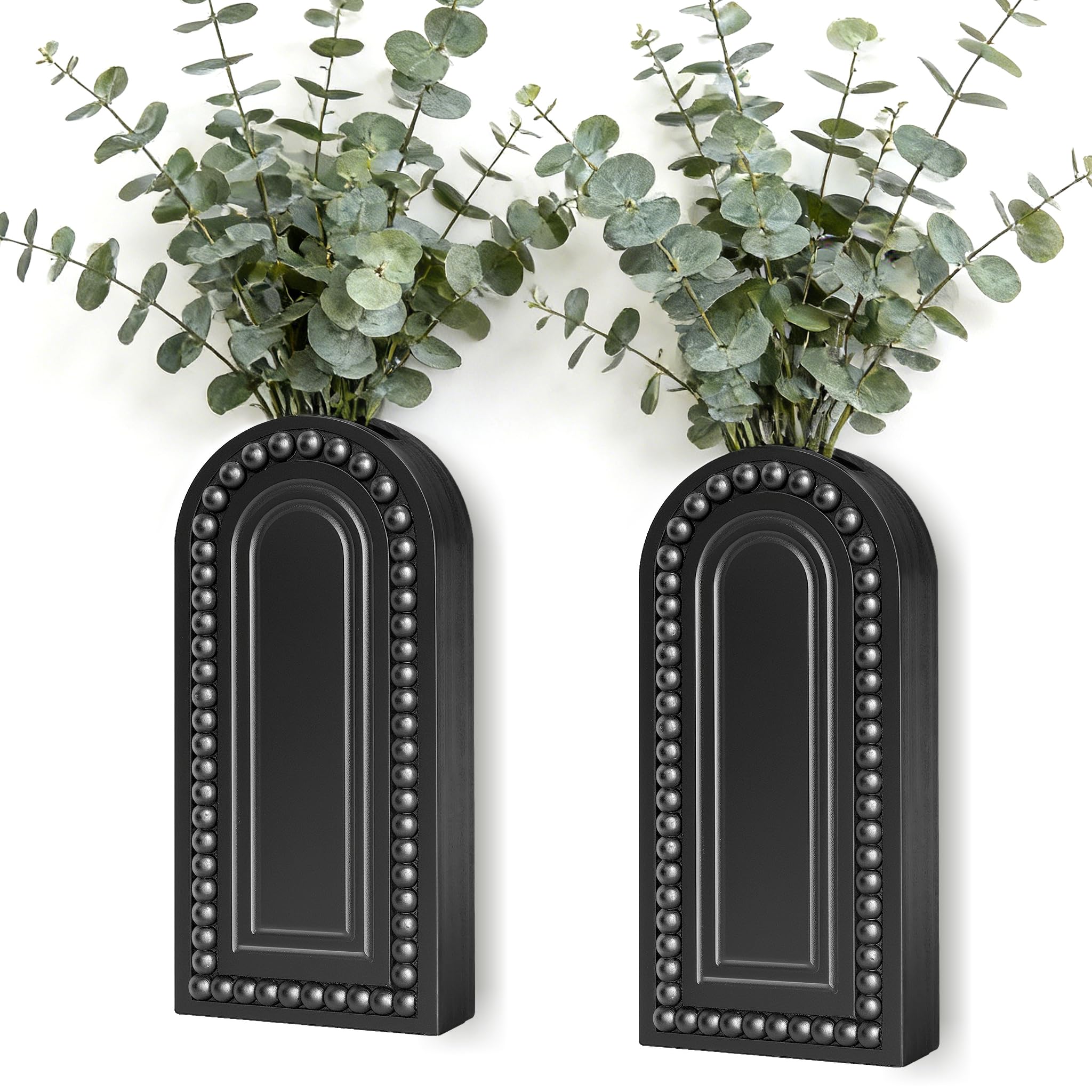 2 Pack Wooden Wall Vase Set with Bead, Modern Farmhouse Boho Wall Decor for Living Room, Entryway, Hallway, Bathroom, Dining Room, Black Wall Art for Home Decoration