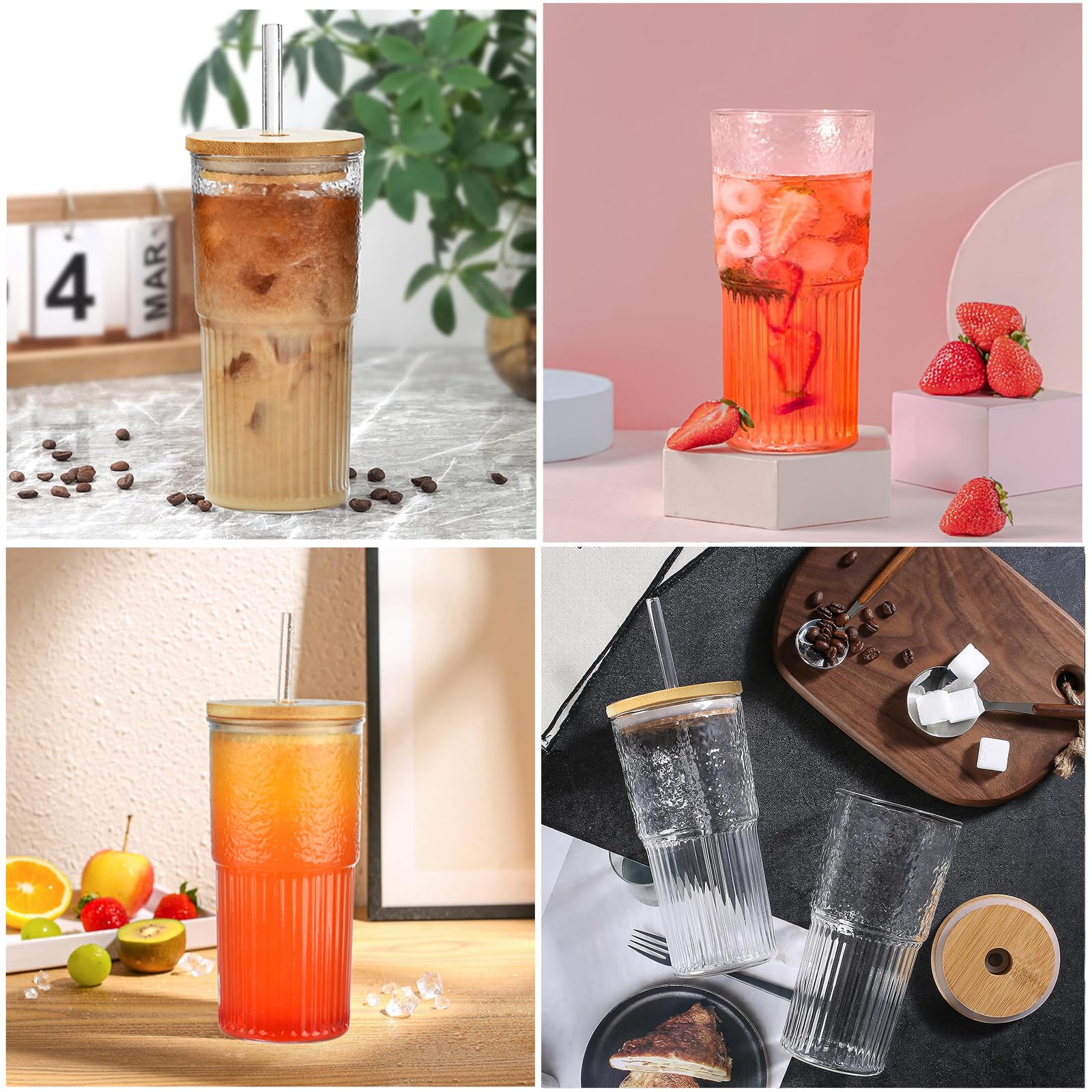 VITEVER 2 vasos de agua de cristal transparente a rayas con tapa, vasos acanalados, vasos de café helado, juego de vasos largos, vasos de cristal, vasos de té de burbujas (22 oz)