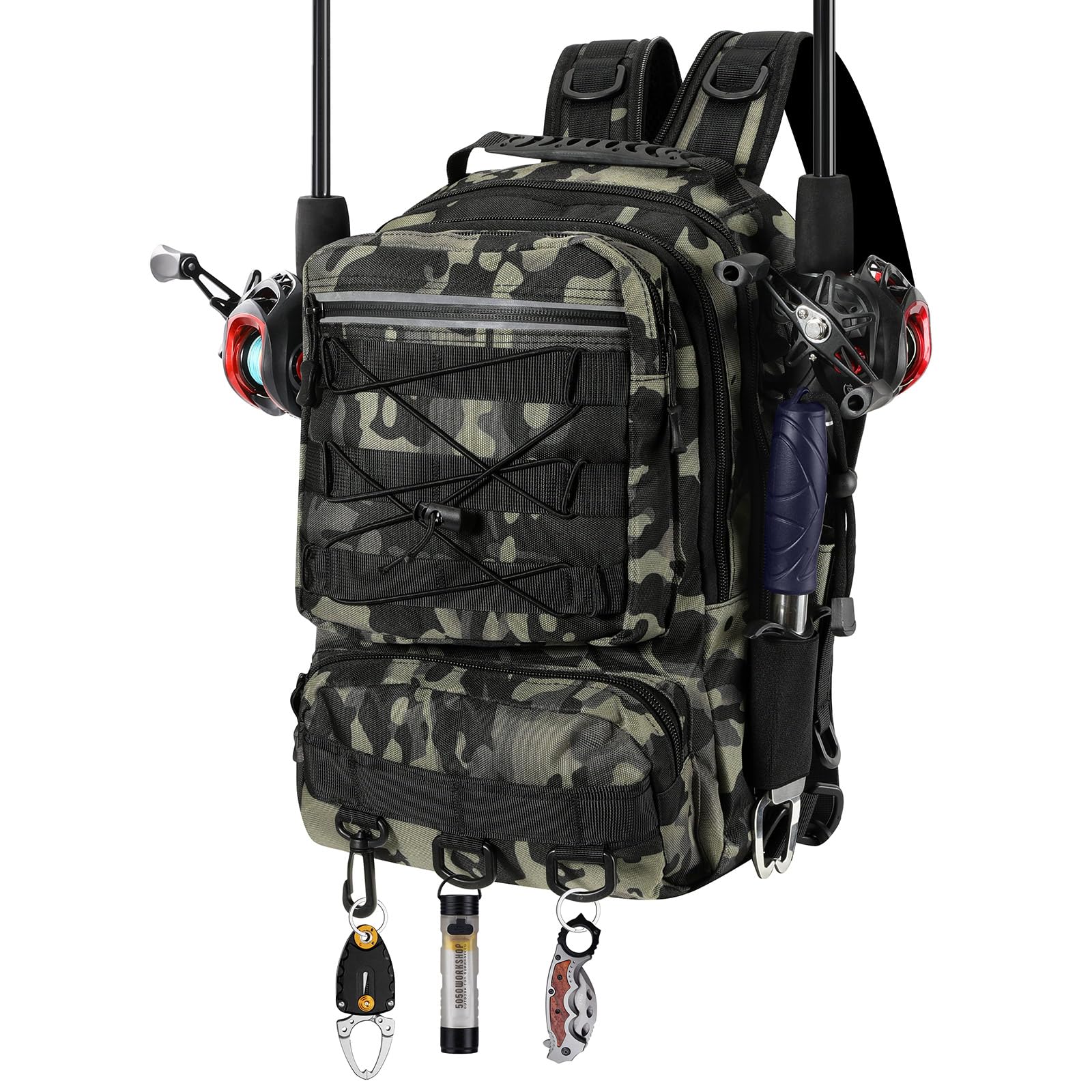 MoKo Fishing Backpack Sling Bag with Rod & Gear Holder, Nylon Waterproof Fishing Tackle Storage Bag for Camping, Hiking, Hunting, Ideal Gifts for Men Father, Green Camouflage