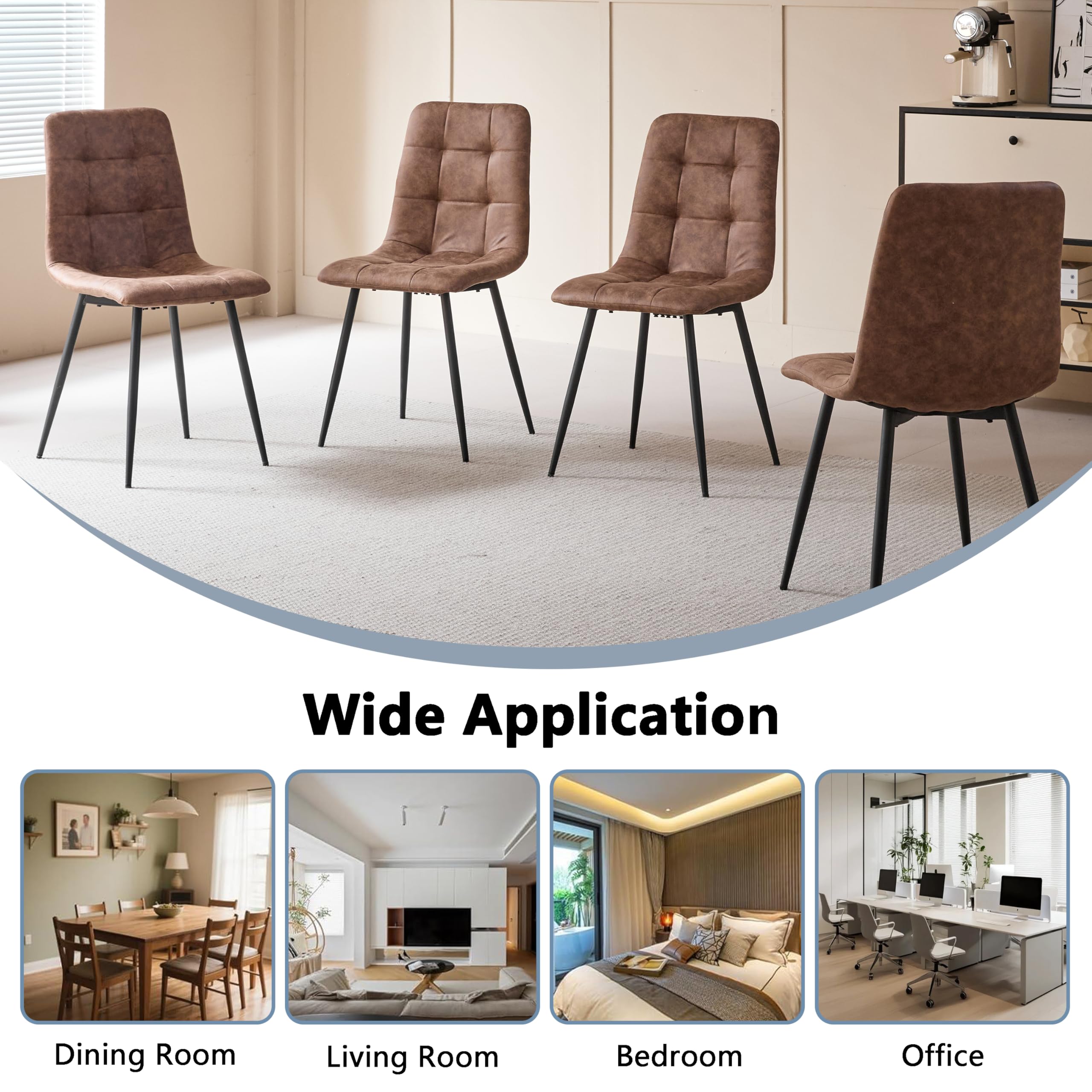 Pack de 4 Sillas de Comedor Escandinavo, Sillas de Cocina en Cuero Sintético, Sillas Auxiliares Tapizadas con Patas Metálicas Negros, para Cocina, Salón (Marrón Claro)