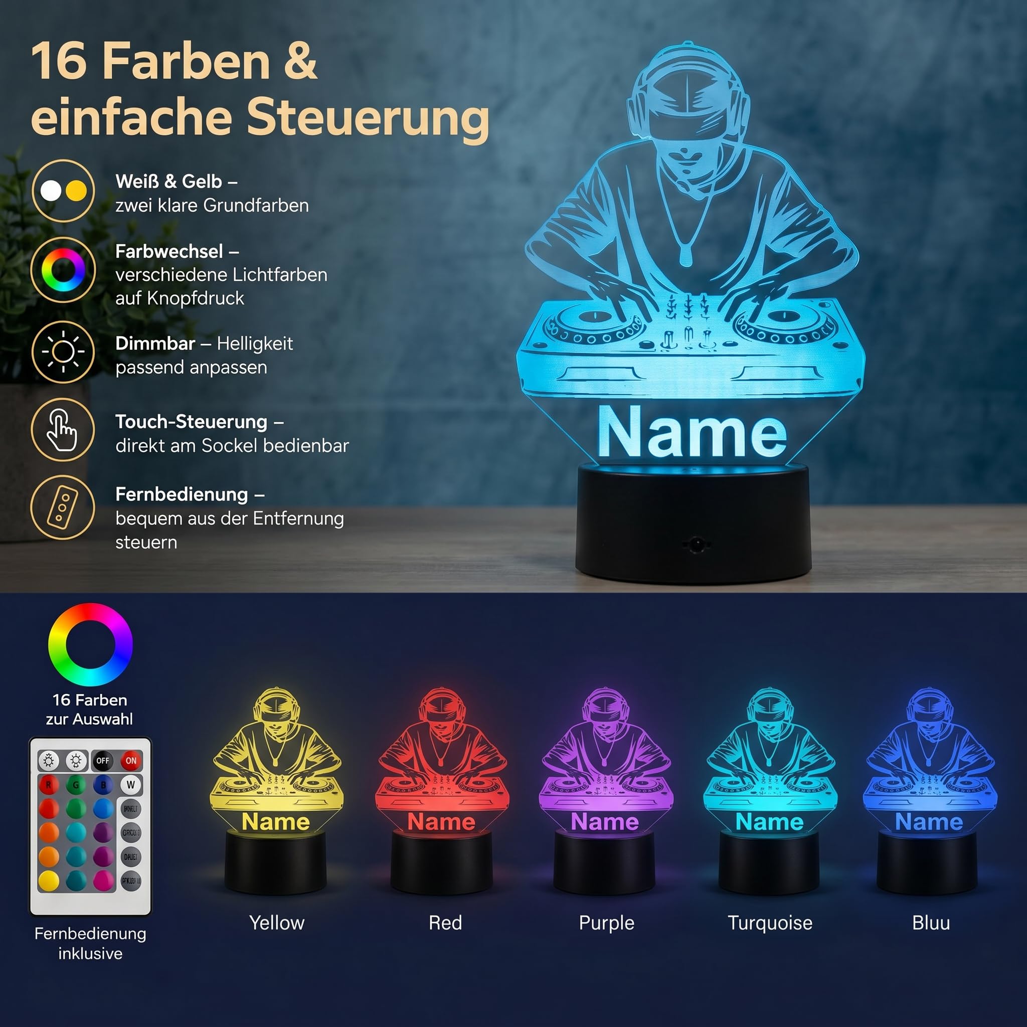 Personalisierte DJ Lampe – LED Nachtlicht mit Name & Gravur – Geschenkidee für DJs, Musikliebhaber & Clubfans – Musik Deko Lampe, stimmungsvolles Licht & originelles DJ Geschenk