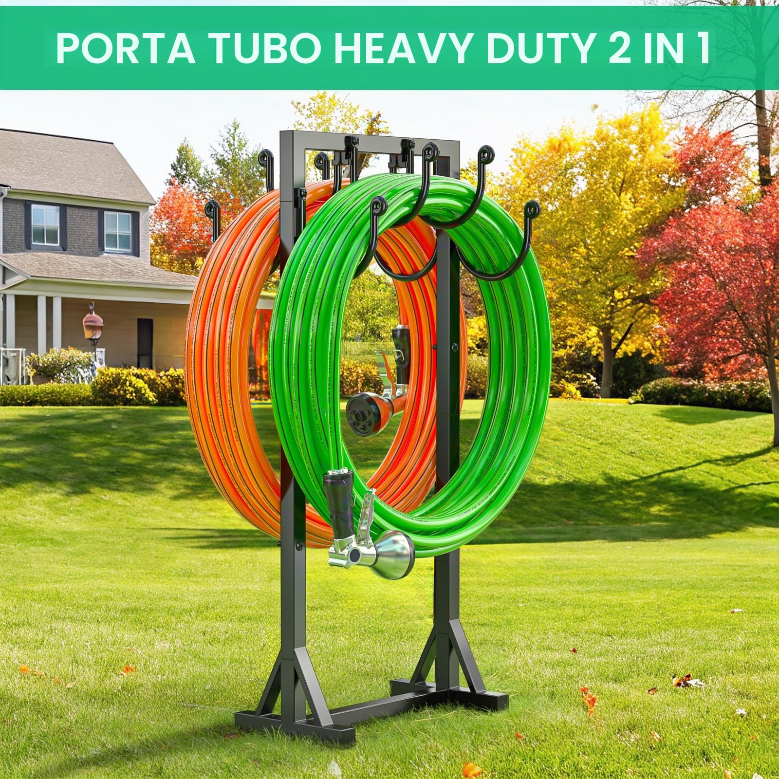 Bomclap Supporto per tubo da giardino, 116 cm, supporto per tubo a doppia faccia, autoportante per giardino, supporto per tubo dell'acqua in metallo rimovibile con ganci, heavy duty, supporto stabile