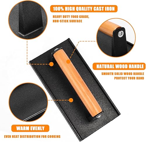 Miniatura 4 de Uniflasy Prensa de hamburguesas, prensa rectangular de hierro fundido de 8.3 x 4.3 pulgadas con mango de madera para BlackstoneCamp ChefPit