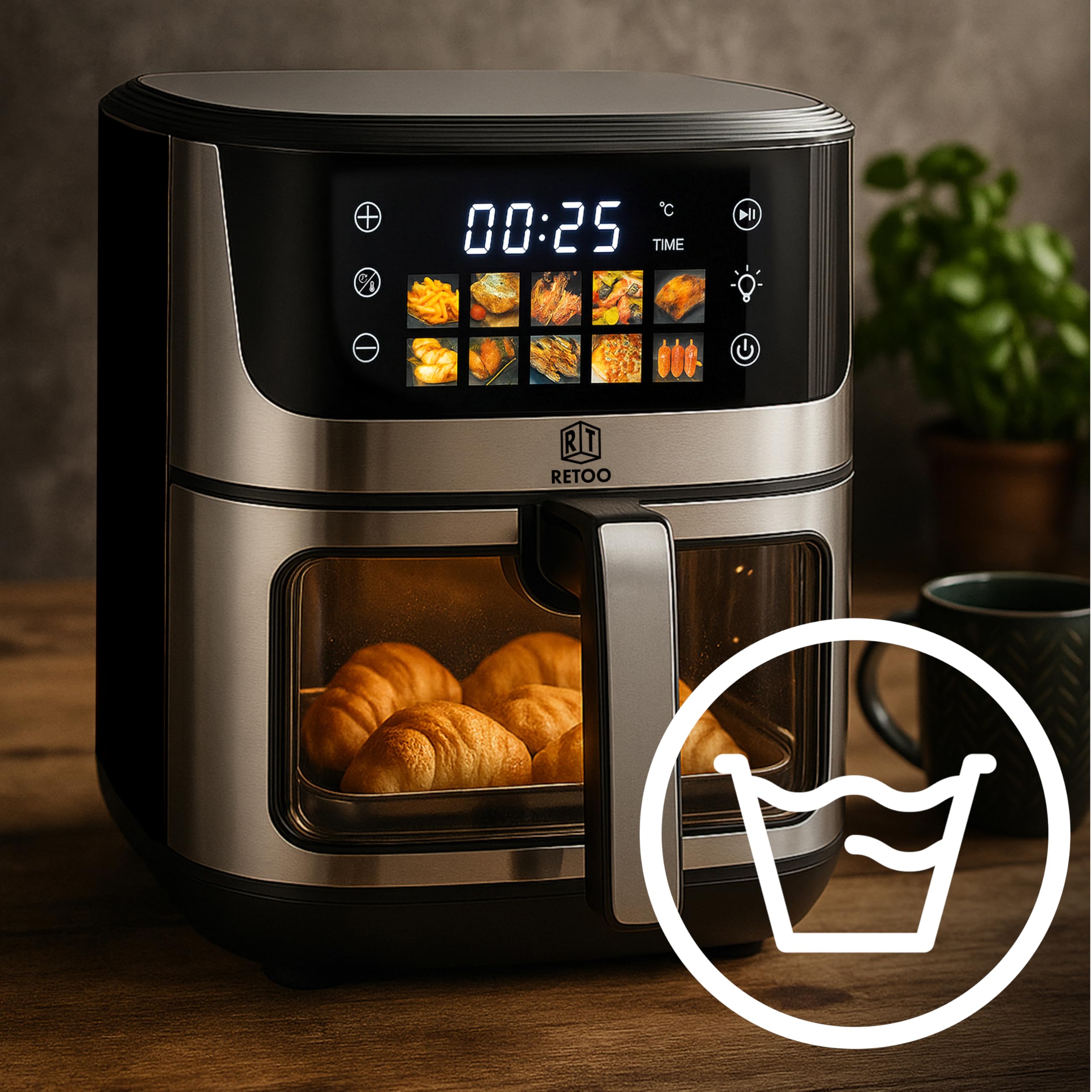 Retoo Frytkownica na gorące powietrze, 5,5 l, 1500 W, 7 programów, frytkownica na gorące powietrze, maks. 200°C, do 90% mniej tłuszczu, touchpad, frytkownica bez oleju, dieta i cyfrowa, wykończenie ze