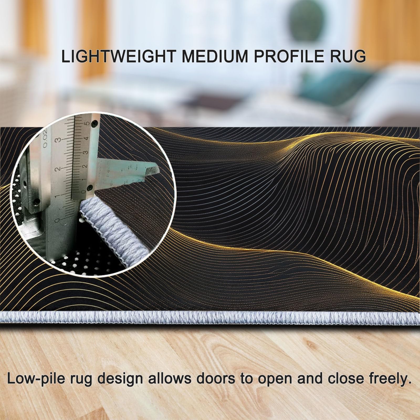 Tapis Poils Courts Moderne 120x180cm Vagues Abstraites en Or Noir Tapis Salon Lavables Antidérapant Doux, Effet Impression 3D, pour Chambre Cuisine Salle à Manger Bureau