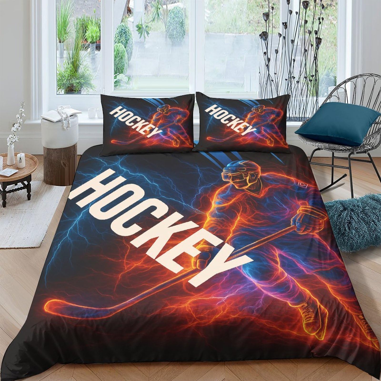 Ctjqhvkz Style-2 3D Printed Hockey Fitted Sheet Microfiber Soft Breathable Fire Lightning Bed Cover For Bedroom Dorm Mattress Protection Decor Single（135X200cm）