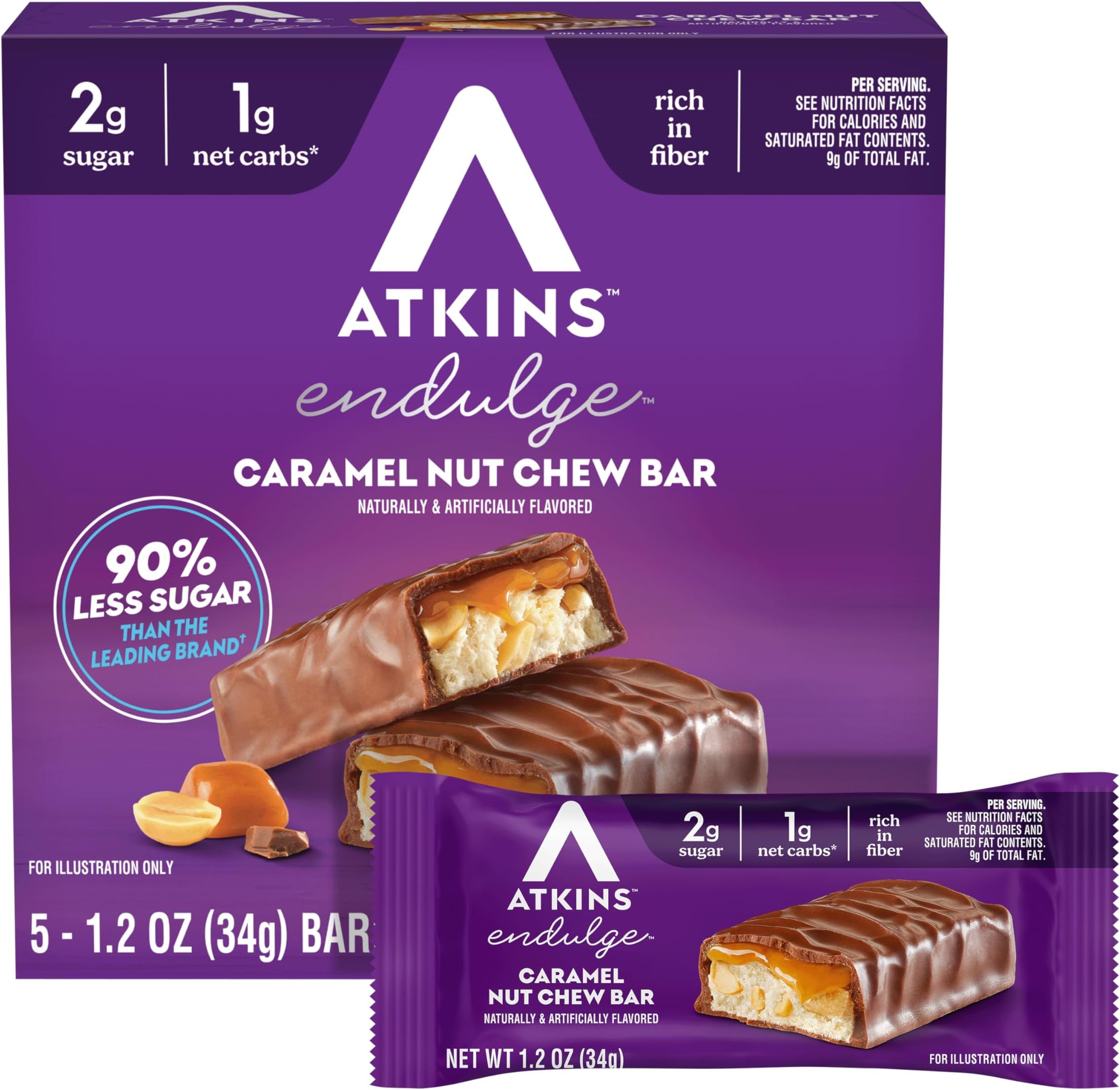 ATKINS Endulge caramel nut chew bars, low carb & KETO friendly, 5 bars