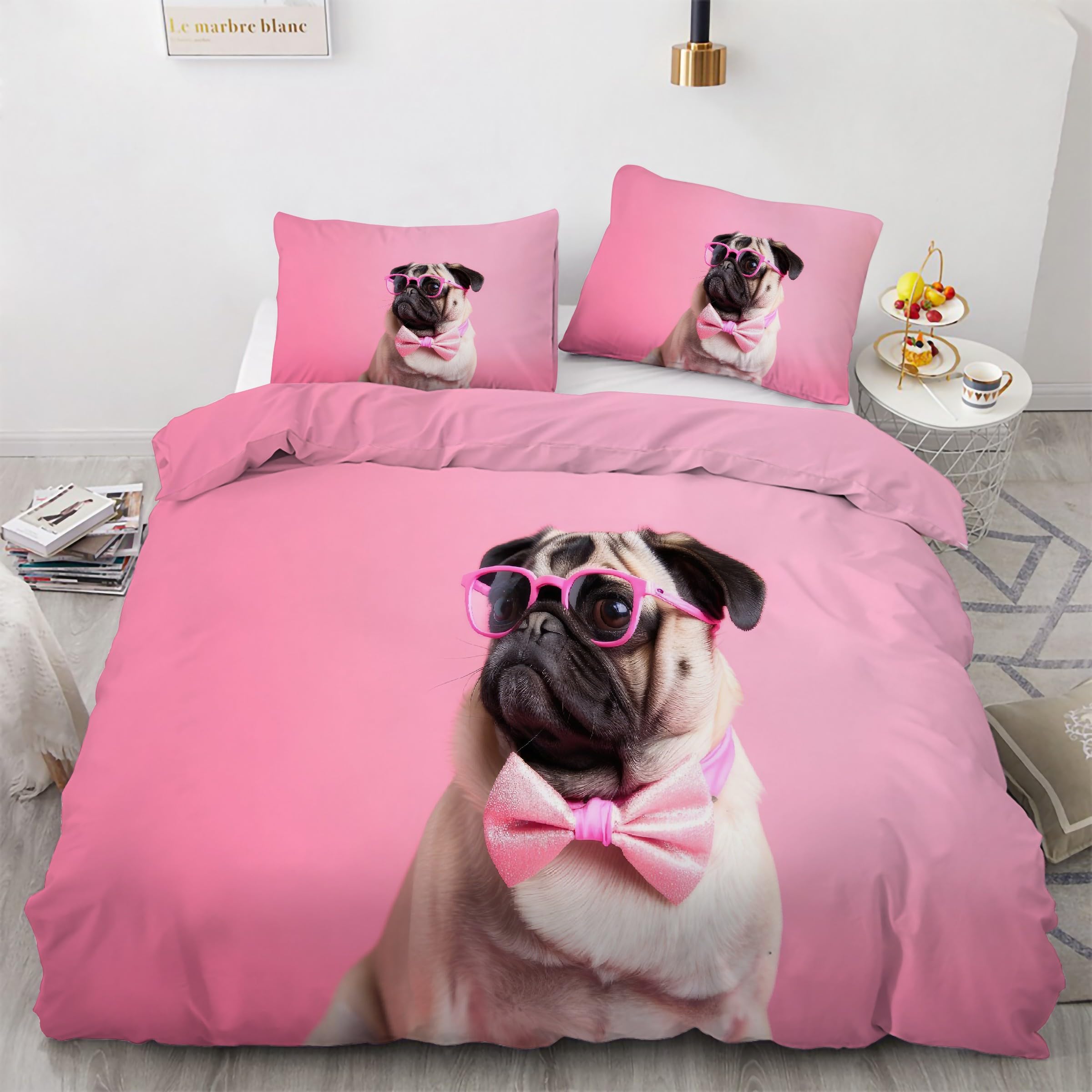 Housse de couette 90x190 rose bouledogue 3 pièces avec taies d'oreiller microfibre