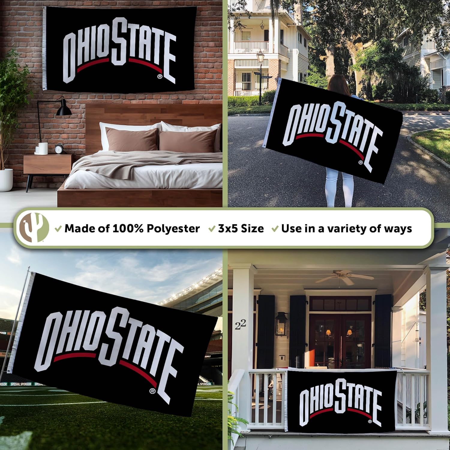 Desert Cactus Ohio State University OSU Flag - 3 x 5 Feet Buckeyes Banner, Indoor/Outdoor Durable Fabric, 100% Polyester Design (Style 16) - Image 3