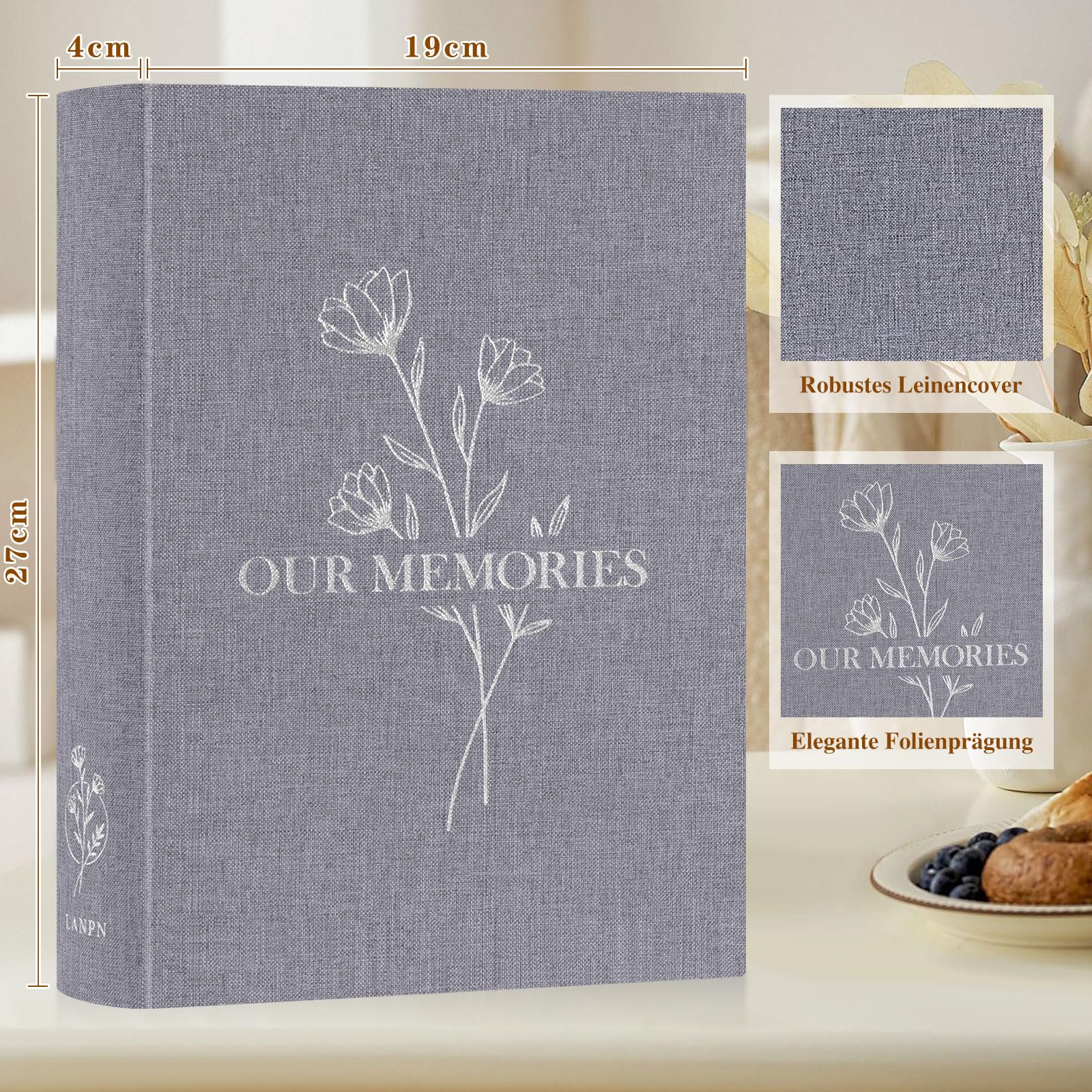 Lanpn Photo Album for DIY Gluing Small OUR MEMORIES Linen Photo Book 100 White Pages with Parchment Dividers Holds 9 x 13 10 x 15 13 x 18 cm Photos (19 x 27 cm - Image 2