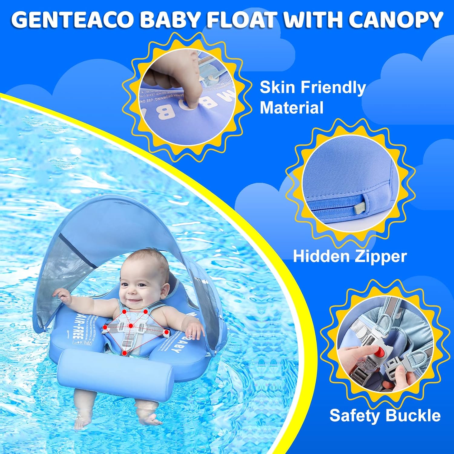 Mambobaby Baby Swim Float with Canopy & Tail Infant Pool Float Non-Inflatable Toddler Swim Float with Skin-Friendly Material for 3-24 Months Baby Boys Grils Elephant Blue