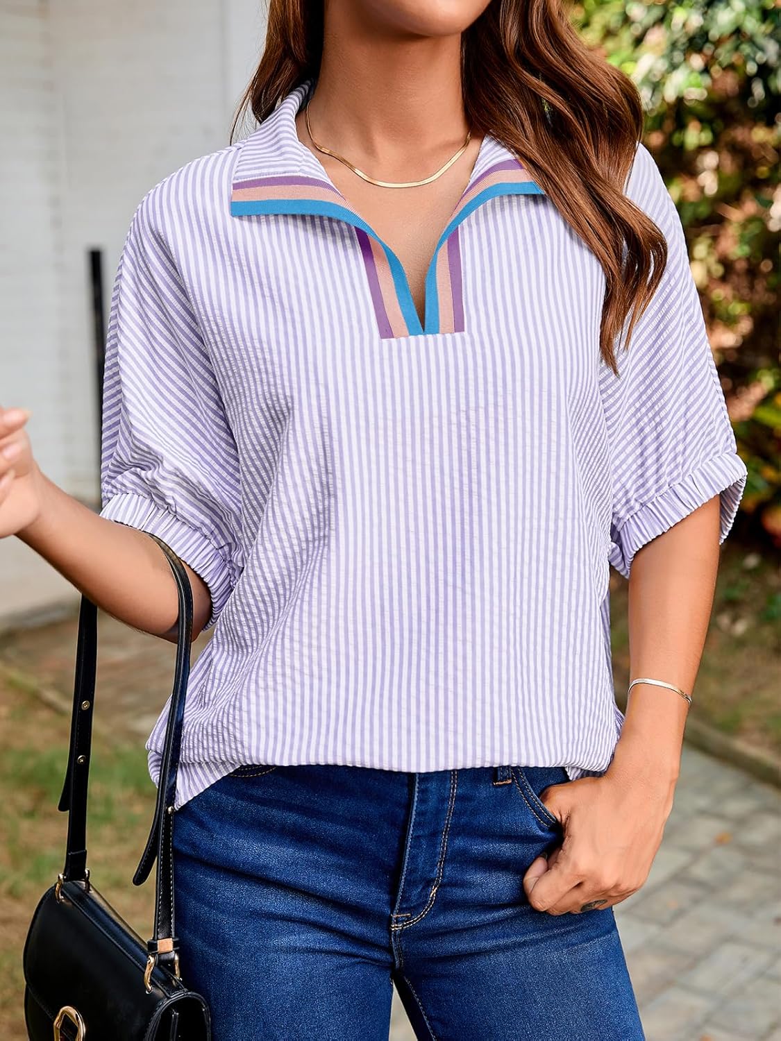 Tankaneo Womens V Neck Striped Blouse Oversized Dolman Sleeve Tops Summer Casual Loose Fit Polo Shirts - Image 2