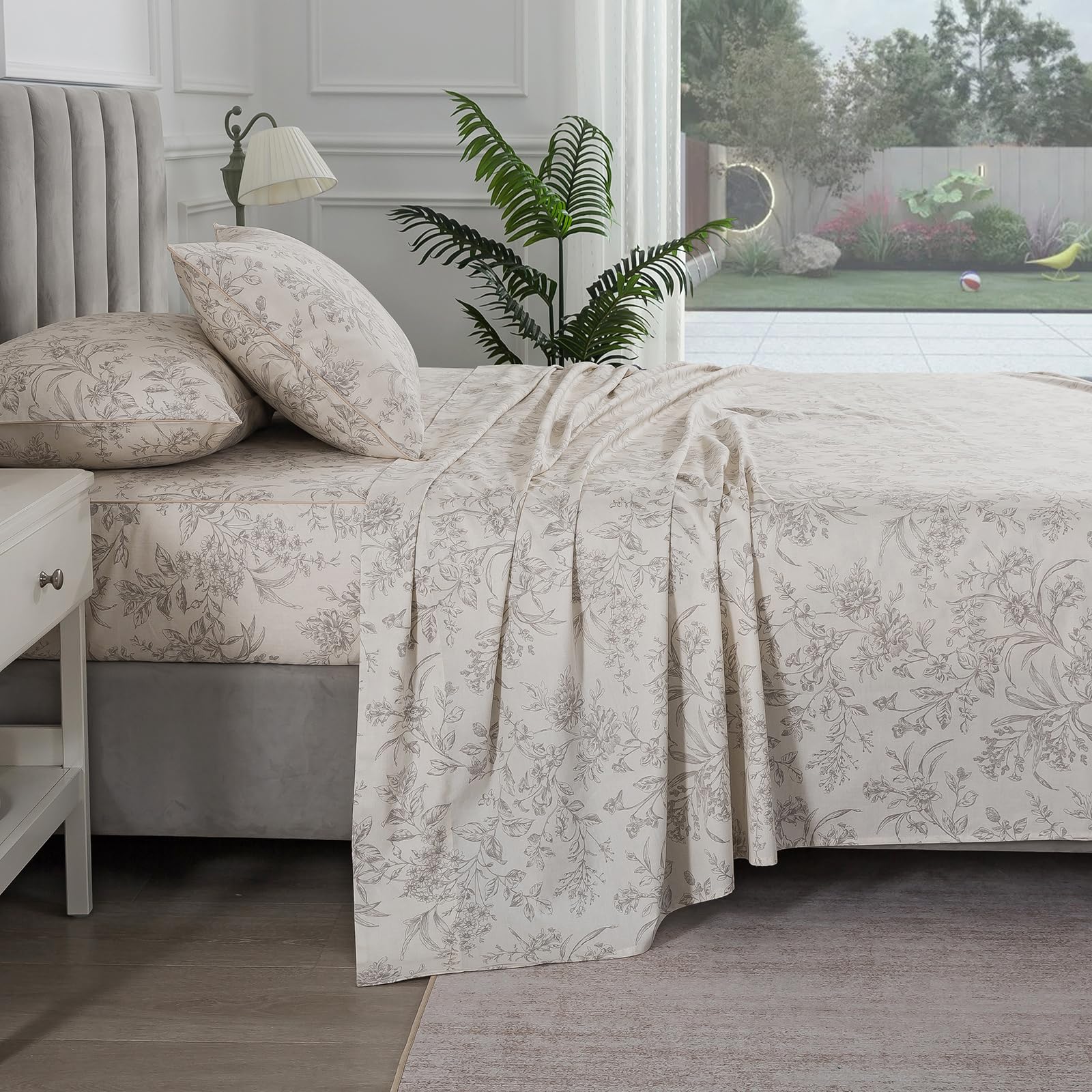 Vintage Beige Floral Percale Sheets Queen Size, Deep Pocket, 4Pcs | 100% Cotton Botanical Flower Sheet Set, Shabby Chic Patterned Bed Sheets, Neutral Toile Bedding, Cottagecore, Farmhouse, Soft