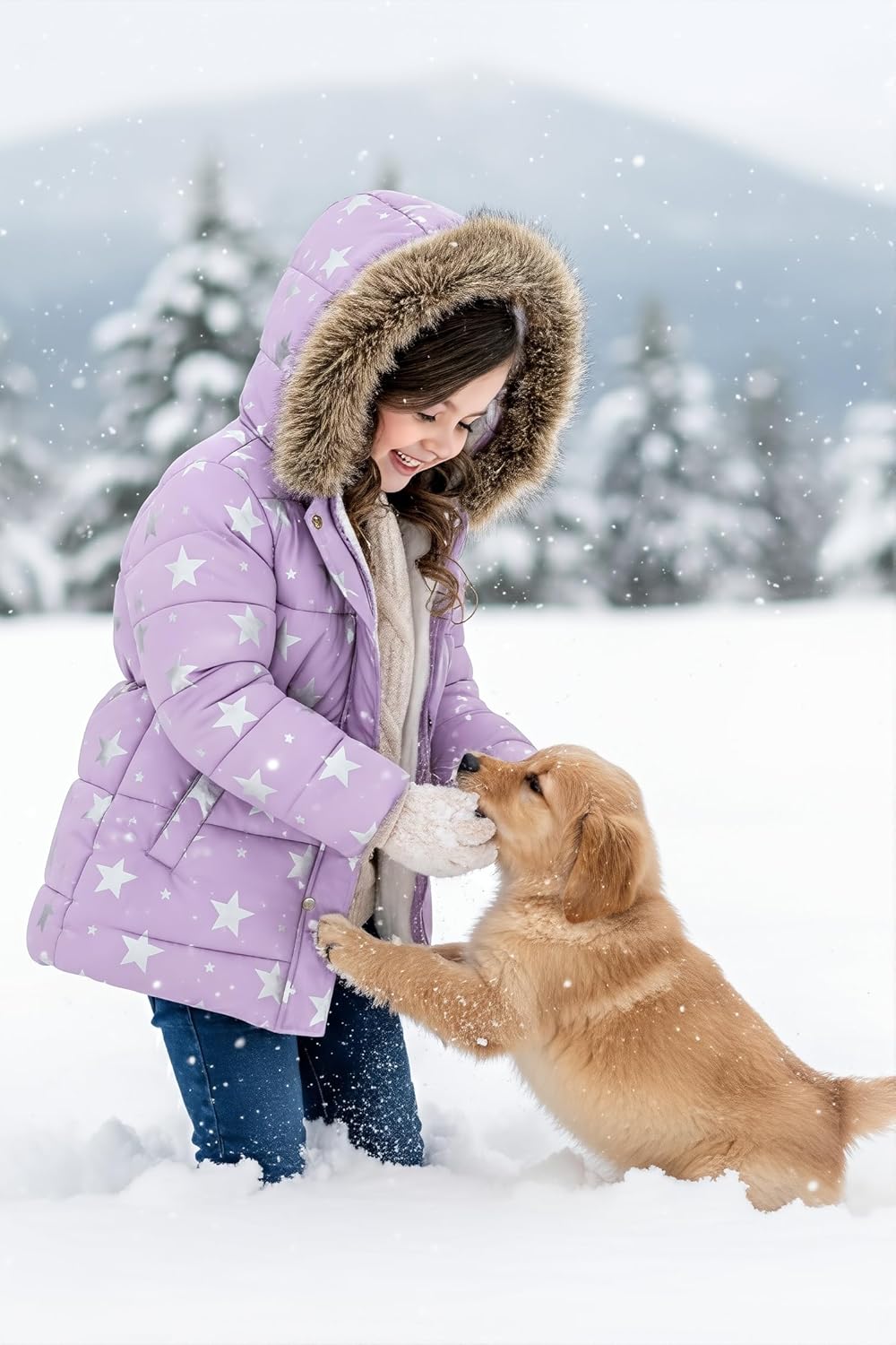 IFFEI Girls Winter Coat Jacket Fur Hooded Long Puffer Jacket Flower Print Warm Outdoor Coats for Kids 3-11 Years - Image 2