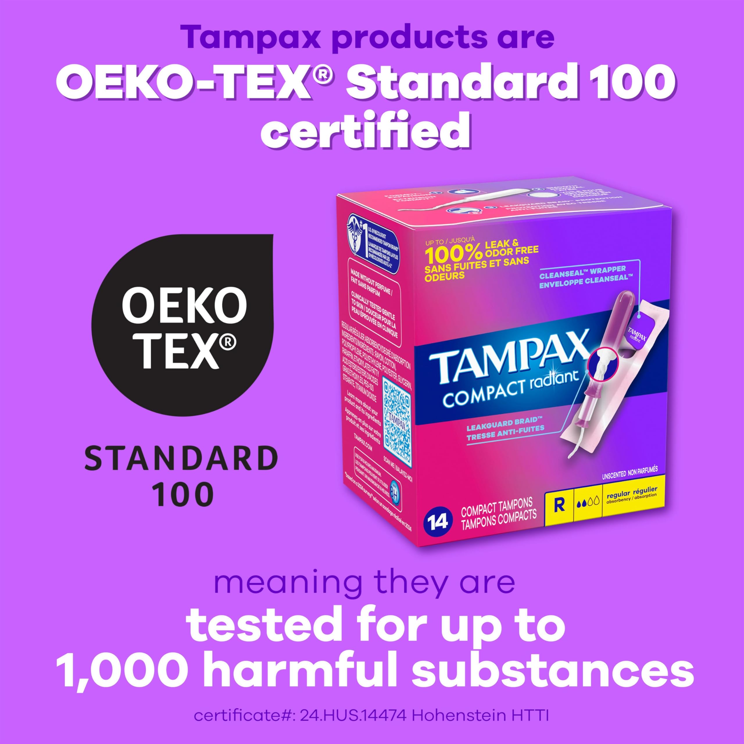 Tampax Compact Radiant Tampons for Women Multipack, with LeakGuard Braid & Extendable Applicator, Regular/Super Absorbency, Unscented, 84 Count (Pack of 2)