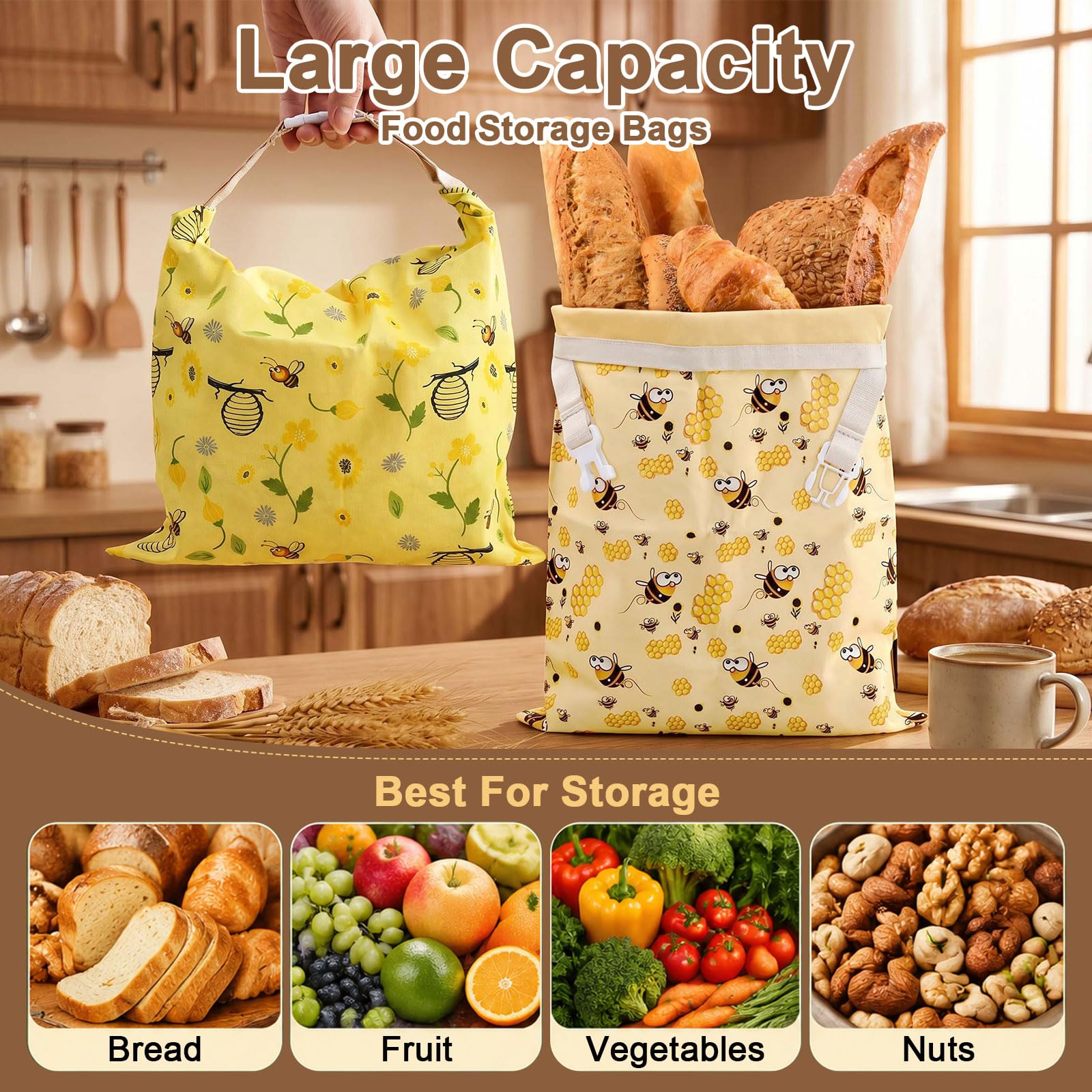 Sacchetti per il pane di cera d'api, 43×33 cm sacchetti di cotone rivestiti in cera d'api naturale, Borsa in cotone per conservare pane fatto in casa e prodotti da forno (confezione da 2)