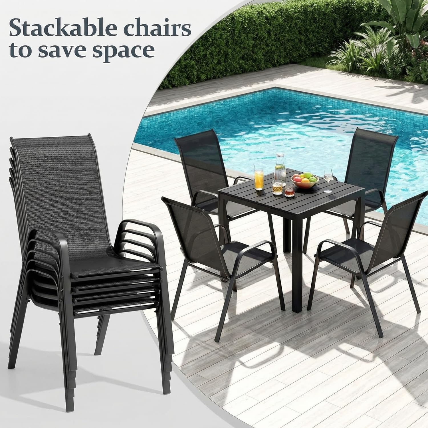 LIFERUN Gartenmöbel Set, 5-teilig, mit 4 Stapelbar Sesseln und 1 WPC Quadratischer Tisch, Balkonmöbel, Terrassenmöbel für alle Jahreszeiten, Terrasse, Garten und Außenbereich