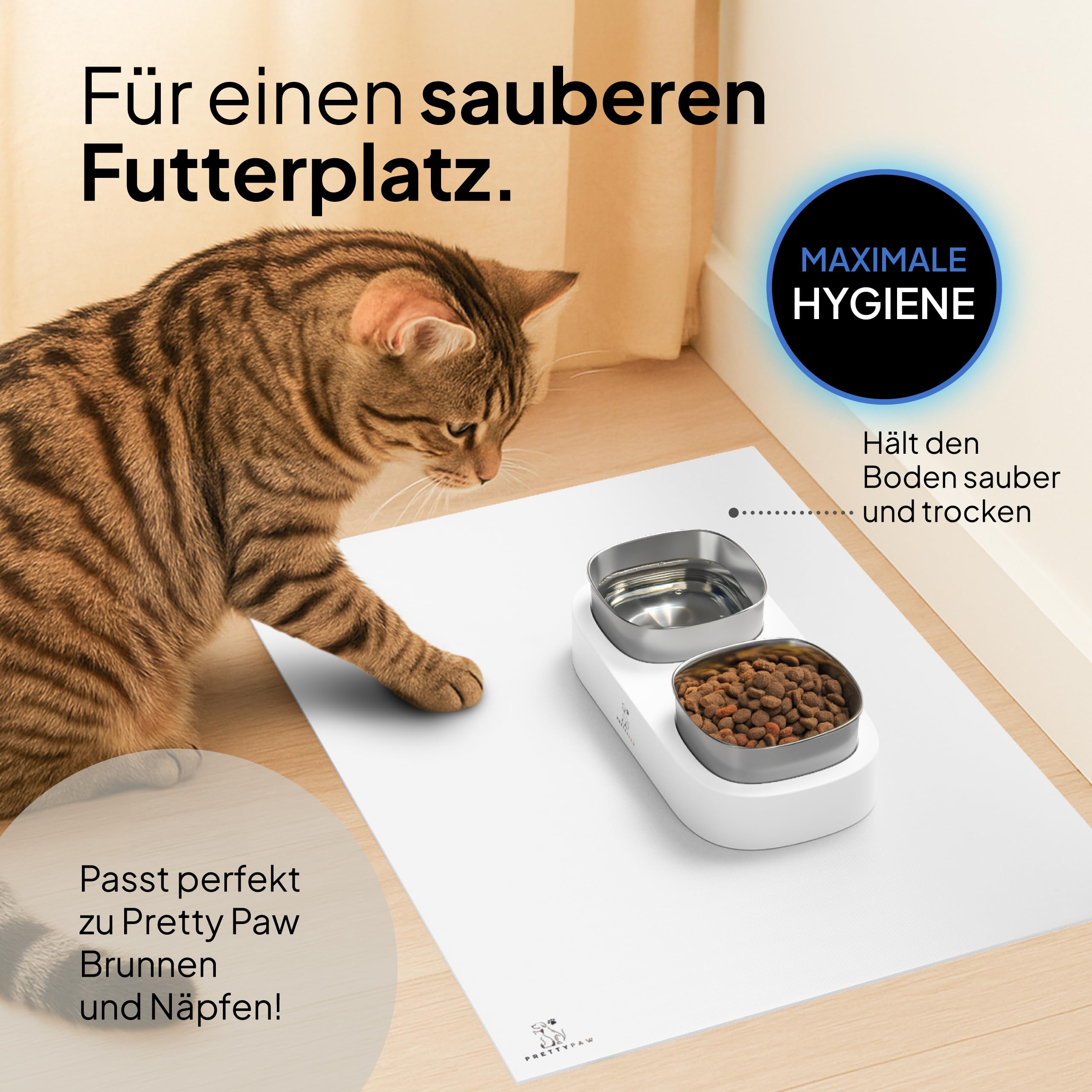 Pretty PAW® Napfunterlage Katze 60x40cm – Zubehör für Pretty Paw Trinkbrunnen & Futternapf | rutschfeste & wasserdichte Futtermatte Bodenschutz für Katzen Wassernapf & Fressnapf (Weiß, Extra Breit)