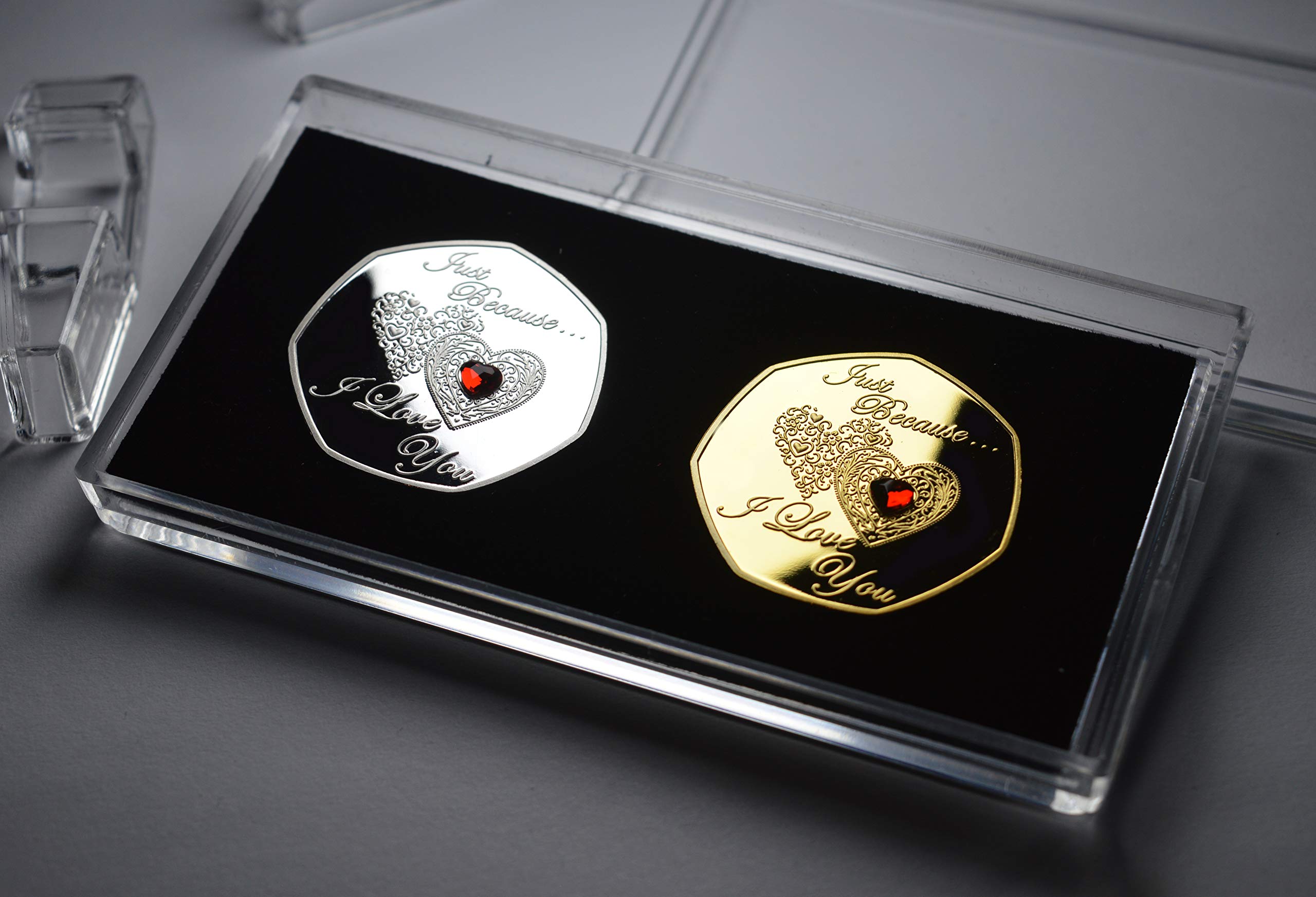 The Commemorative Coin Company Pair of 'Just Because I Love You' Silver & 24ct Gold Commemoratives with Gemstones. 50p Coin Display/Presentation Case. Gift/Present Partner/Husband/Wife Anniversary