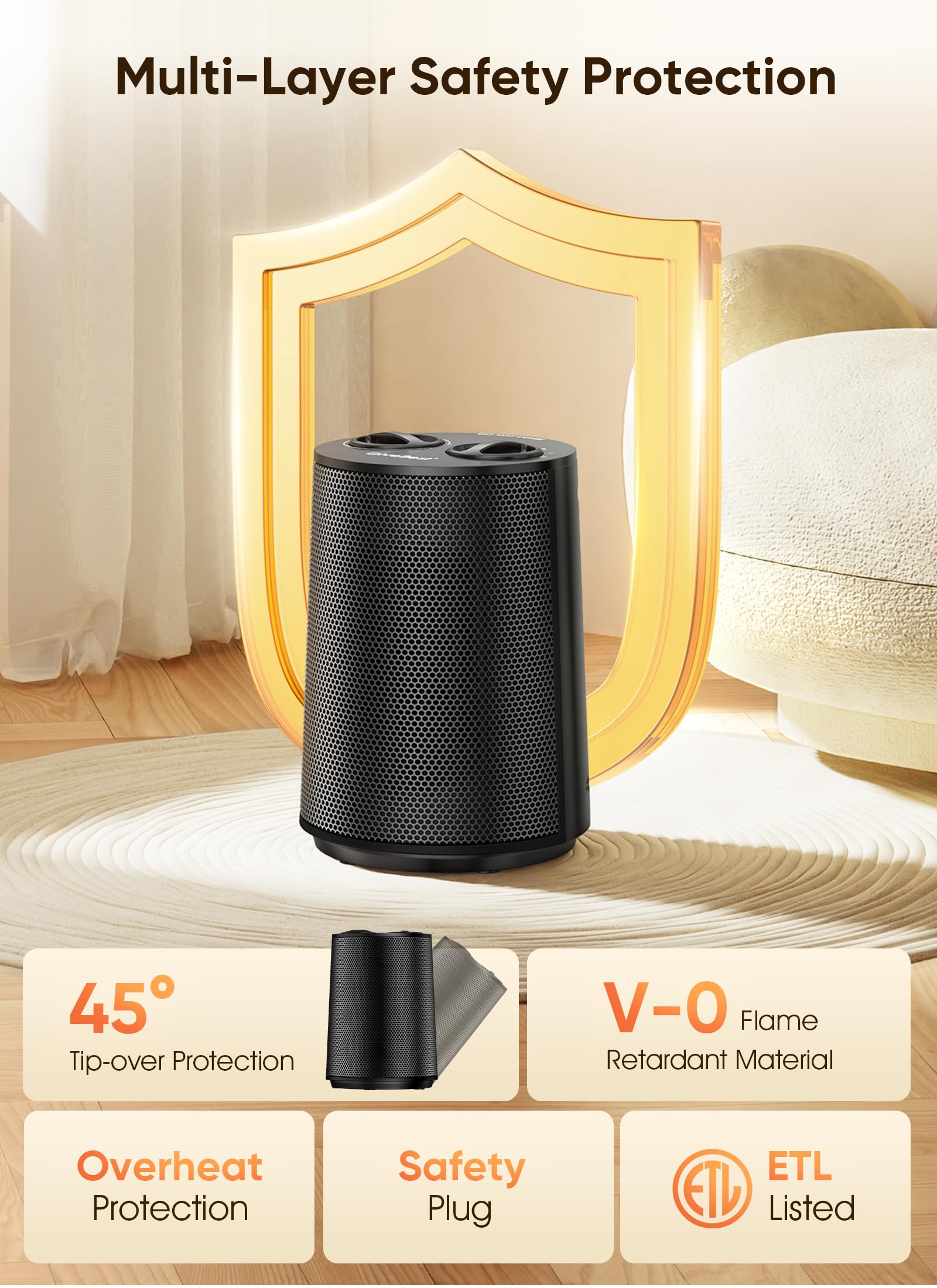 GiveBest Space Heater, 1500W Portable Heaters for Indoor Use, PTC Ceramic Heater with Heating and Fan Modes, Overheat & Tip-Over Protection, Ideal for Bedroom, Office & Desk Use, Black