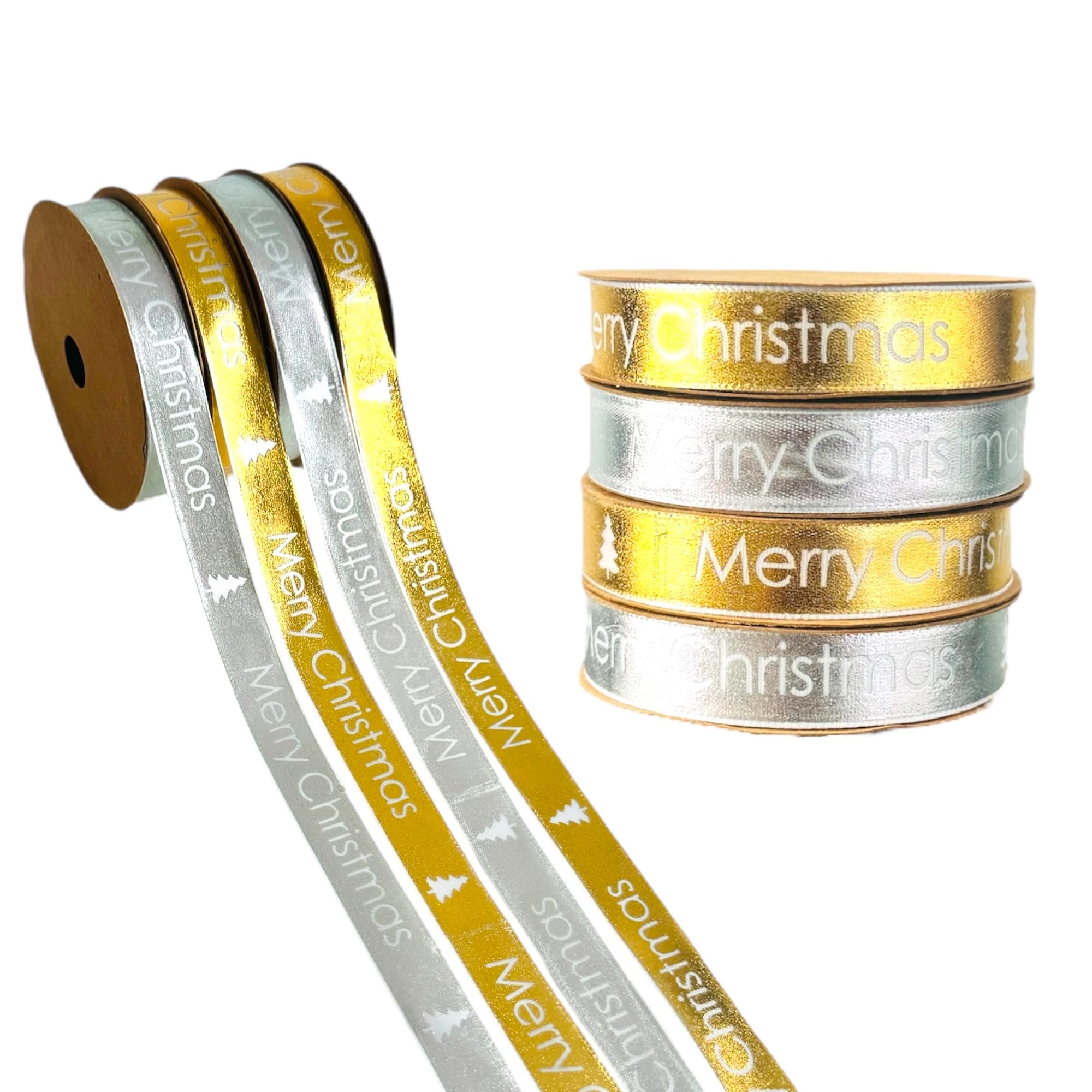 Doodle Kiddo Wrap Ribbons Set of 4 - Gold & Silver Merry Ribbons With Tree Design - Premium Gift Wrapping & Tree Decoration - Holiday Decorations