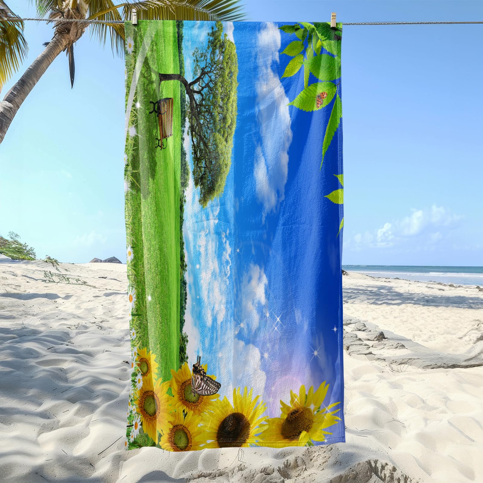 Toalla Playa Flor Verde Amarillo Toallas Baño Grandes Suave Toalla Microfibra Sin Arena Toallas de Baño Piscina Ducha Absorbente Secado Rápido Beach Towel para Viajes, Natación, Camping 200x200cm