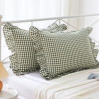 Mywinlle Sage Green Plaid Ruffle Pillow Shams Set of 2 - Vintage Checkered Washed Cotton Covers 20x26 Farmhouse Decor