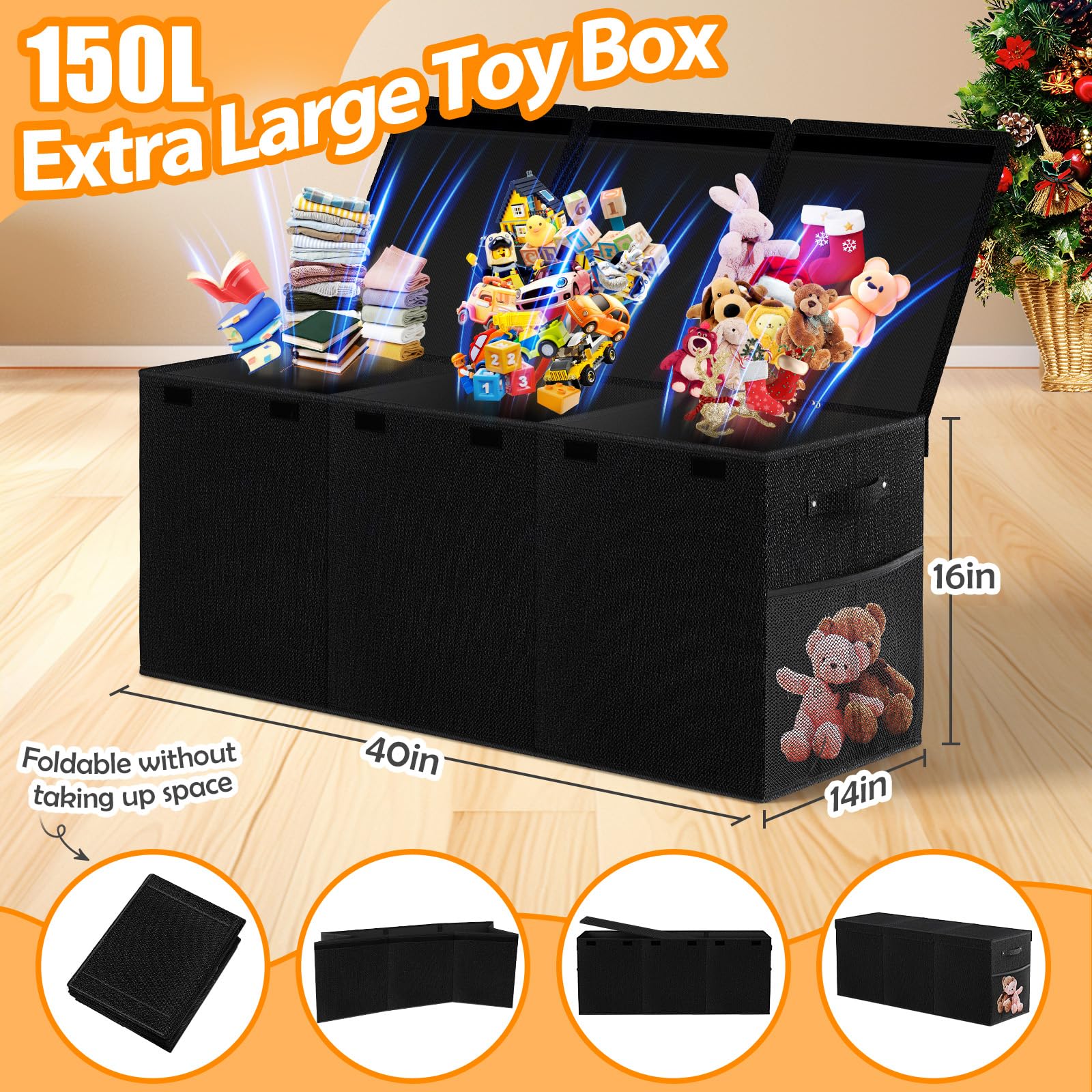 Extra Large Toy Storage Box with Lid Divider, Sturdy Collapsible Toys Organizer Chest Kids Storage Bins Boxes Baskets for Boys, Girls, Nursery, Bedroom, Living Room, Playroom, 40