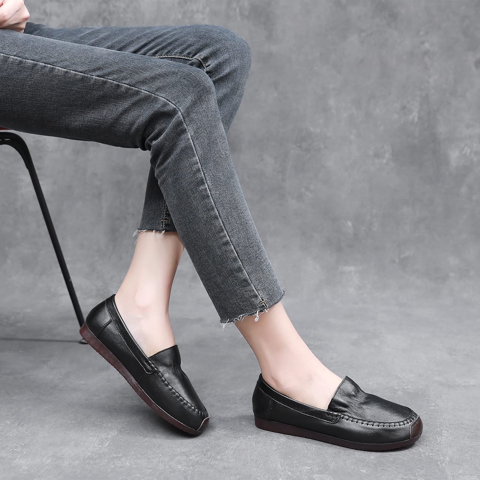 Mujer Piel Genuina Mocasines Anchos Bailarinas Suela Blanda Ligero Cómodo Zapatos para Caminar sin Cordones