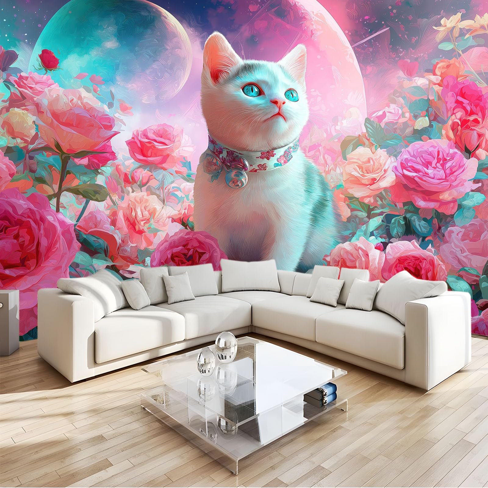 3D Fantasy Kosmos Kwiat Ogród Koty Włóknina Tapeta Mural 350 x 256 cm, Różowe Duże okładziny ścienne, Wklej na ścianę dla dziewcząt, chłopców, sypialni, przedszkola, nastolatków, pokoju zabaw, wystrój