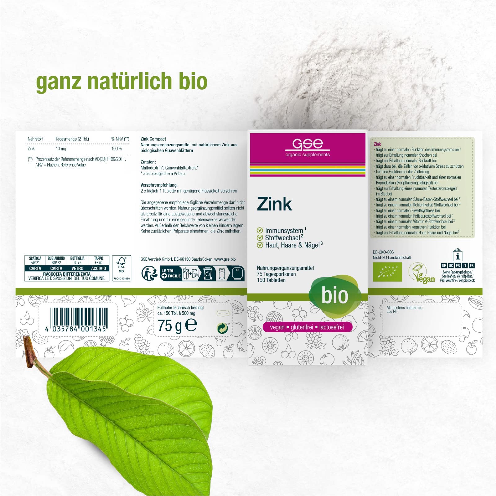 GSE Zink (BIO) - Bio Zink Tabletten - Für Immunsystem, Stoffwechsel, Haut, Haare & Nägel - Zink Vegan, aus Bio Guavenblattextrakt - Laborgeprüft, aus Deutschland - 150 Zinktabletten (für 75 Tage)