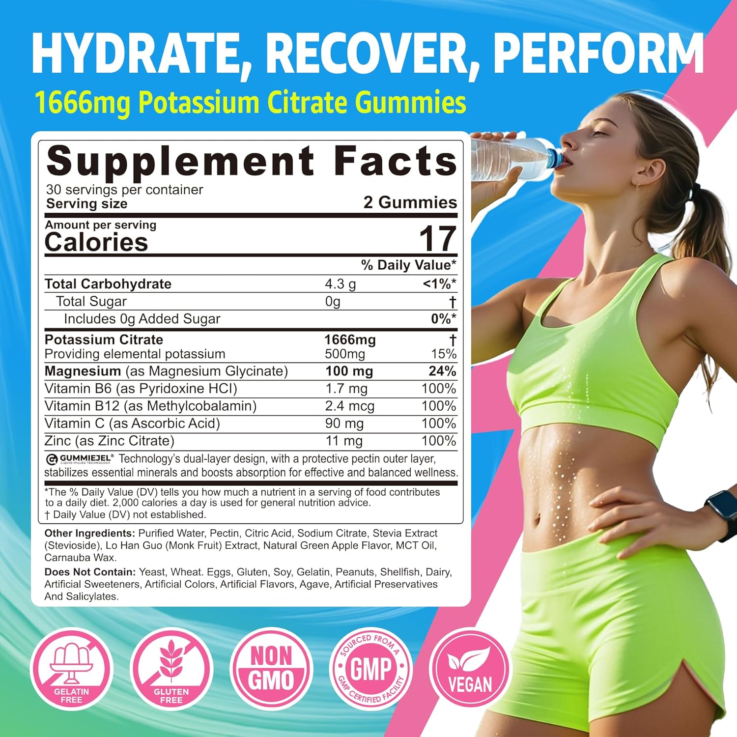 Potassium Citrate Gummies 1666mg for Adults - Potassium Supplement, Magnesium Glycinate, Zinc, B6, B12 & C – Electrolyte Gummies for Energy, Recovery & Leg Cramps, Vegan 60 Cts - Image 3