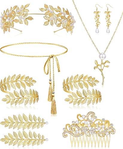Xinnun 9 piezas de accesorios de disfraz de diosa griega Toga cinturón hojas corona pulsera tocado pendientes collar para mujer nupcial