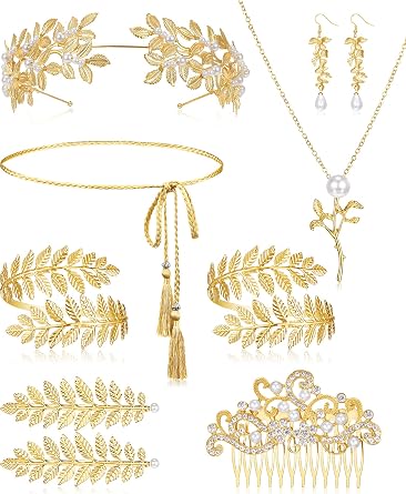 Xinnun 9 Pcs Greek Goddess Costume Accessories toga Ornaments Set | Golden Laurel Leaf, Tassel Dress Belt Leaves Crown Bracelet Clips Headpiece, Women Bridal Themed Parties Halloween Costume