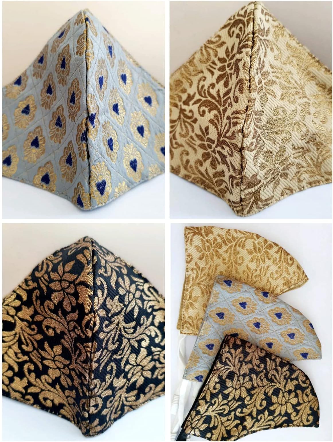 Brocade Silk Cloth Face Mask Washable Breathable partywear designer Heavy work comfortable with Inside cotton layer Pack of 3 for Men Women Adult with Adjustable loops and 3 layer protection
