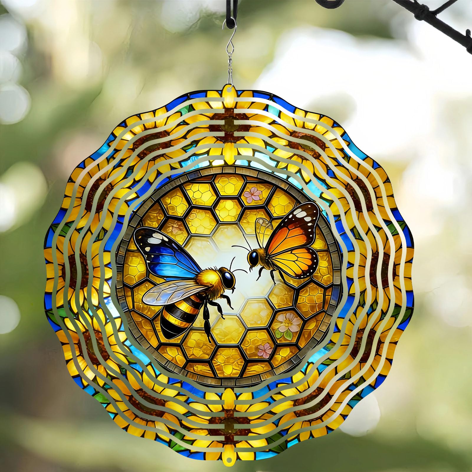 10 Inch Bee Wind Spinner, 3D Stainless Steel Hanging Kinetic Wind Sculpture for Home Garden Yard Art Lawn Balcony Window Porch Outdoor Indoor Decor