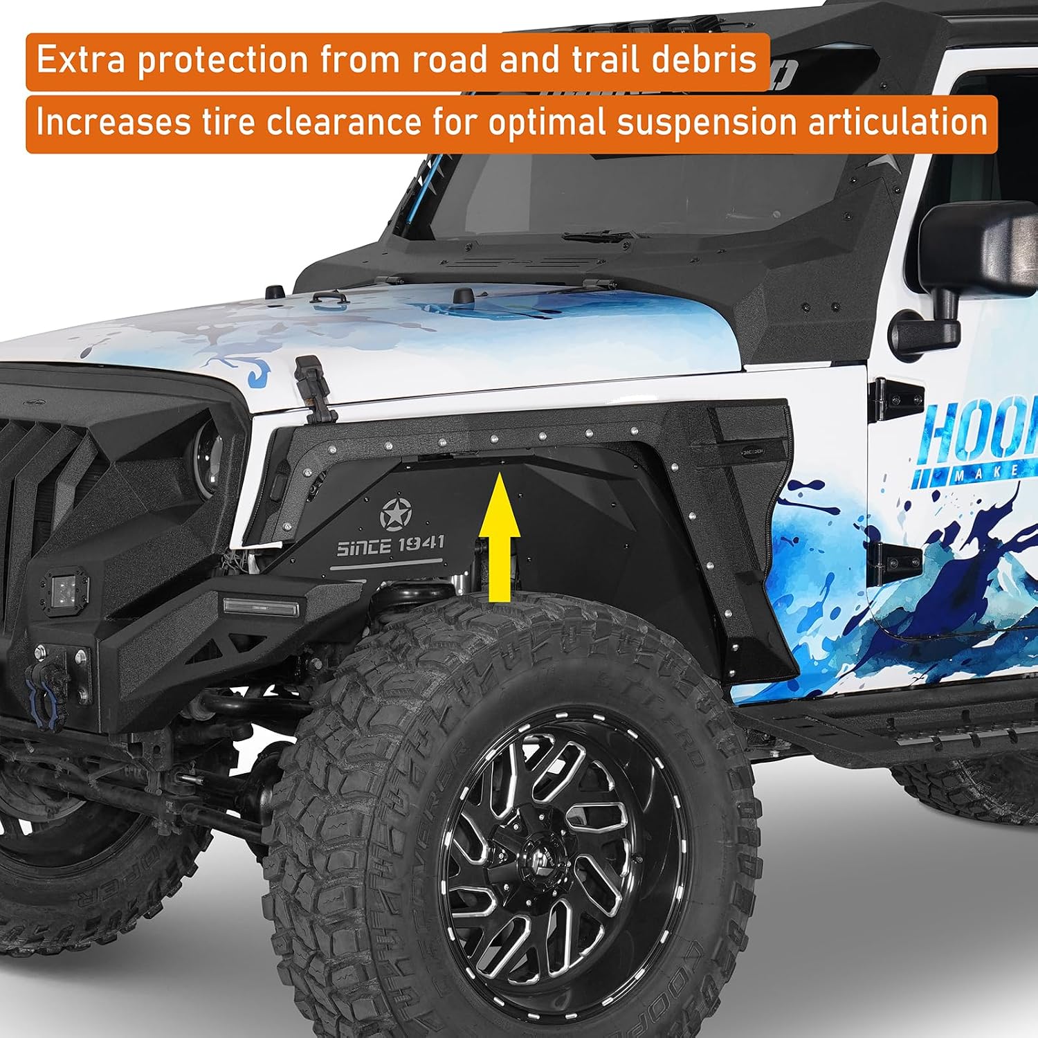 Hooke Road Bulwark JK Front Fender Flares w/Turn Signal Lights for 2007-2018 Jeep Wrangler JK & Unlimited 2/4 Doors, 2PCS Armor Style Steel Fenders