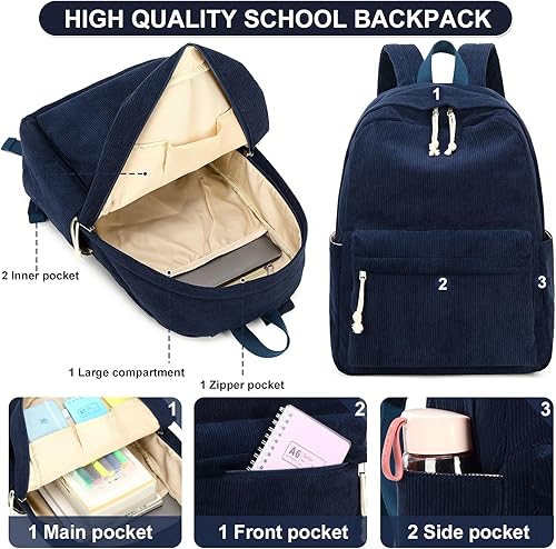 Miniatura 4 de Bluboon Mochila para niña y mujer, mochila escolar para computadora portátil, mochila de viaje, mochila floral, Pana Azul, Mochila de pana