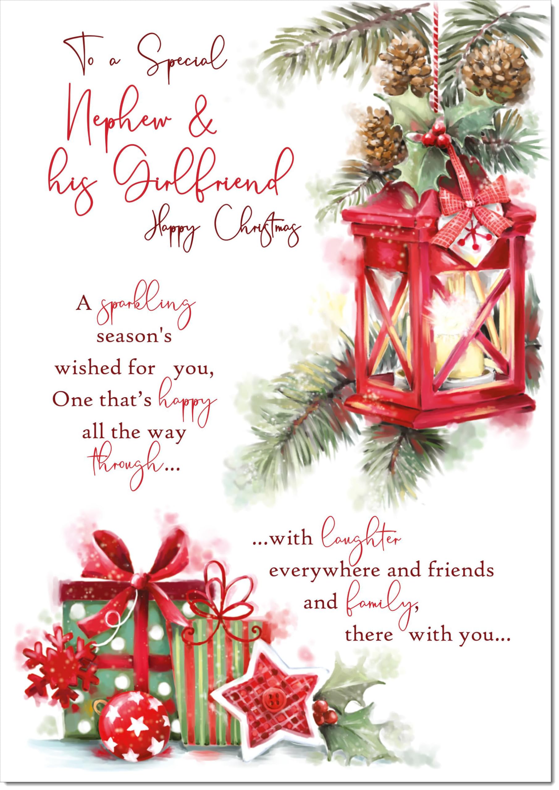 doodlecards Nephew and Girlfriend Christmas Card Lamp and Parcels Large A4 Size Christmas Card for Nephew & Girlfriend with Plain Envelope โ image 1