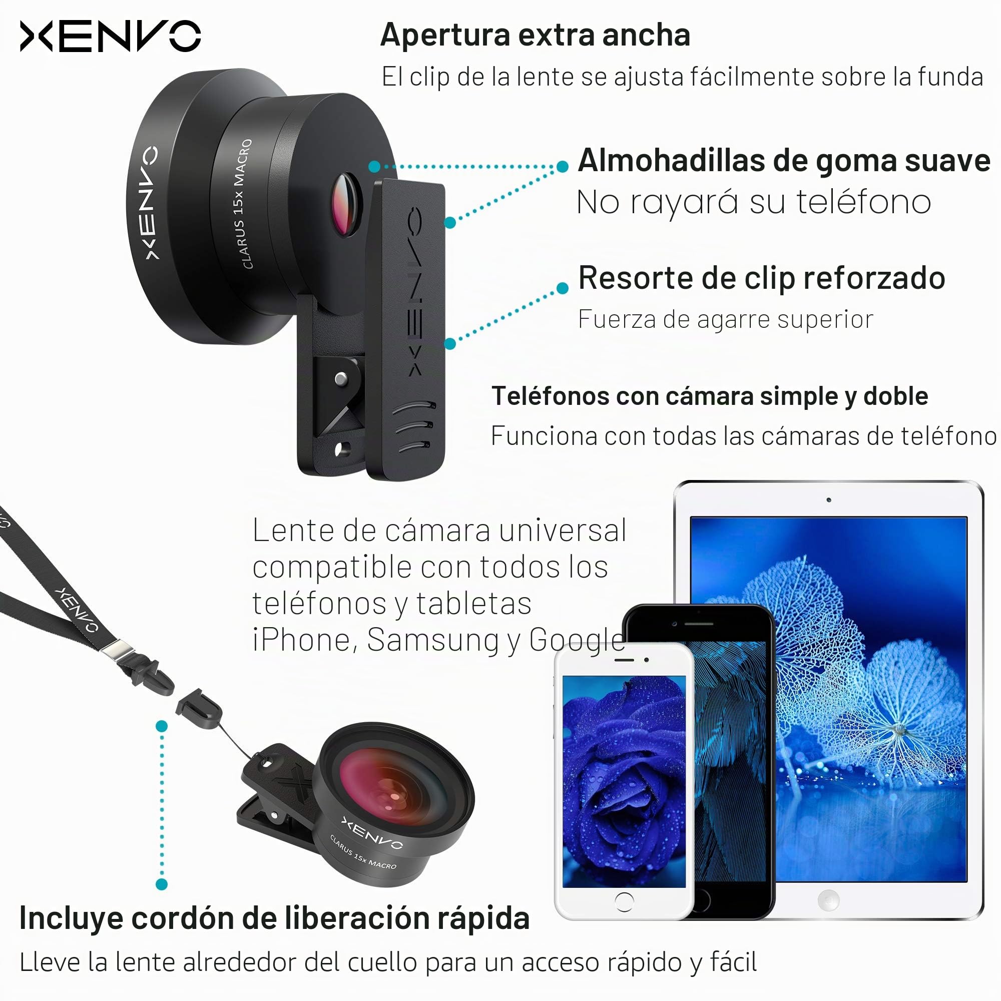 Xenvo Pro - Kit de Lentes para iPhone, Samsung, Pixel, Macro y Gran Angular con luz LED y Estuche de Viaje Negro