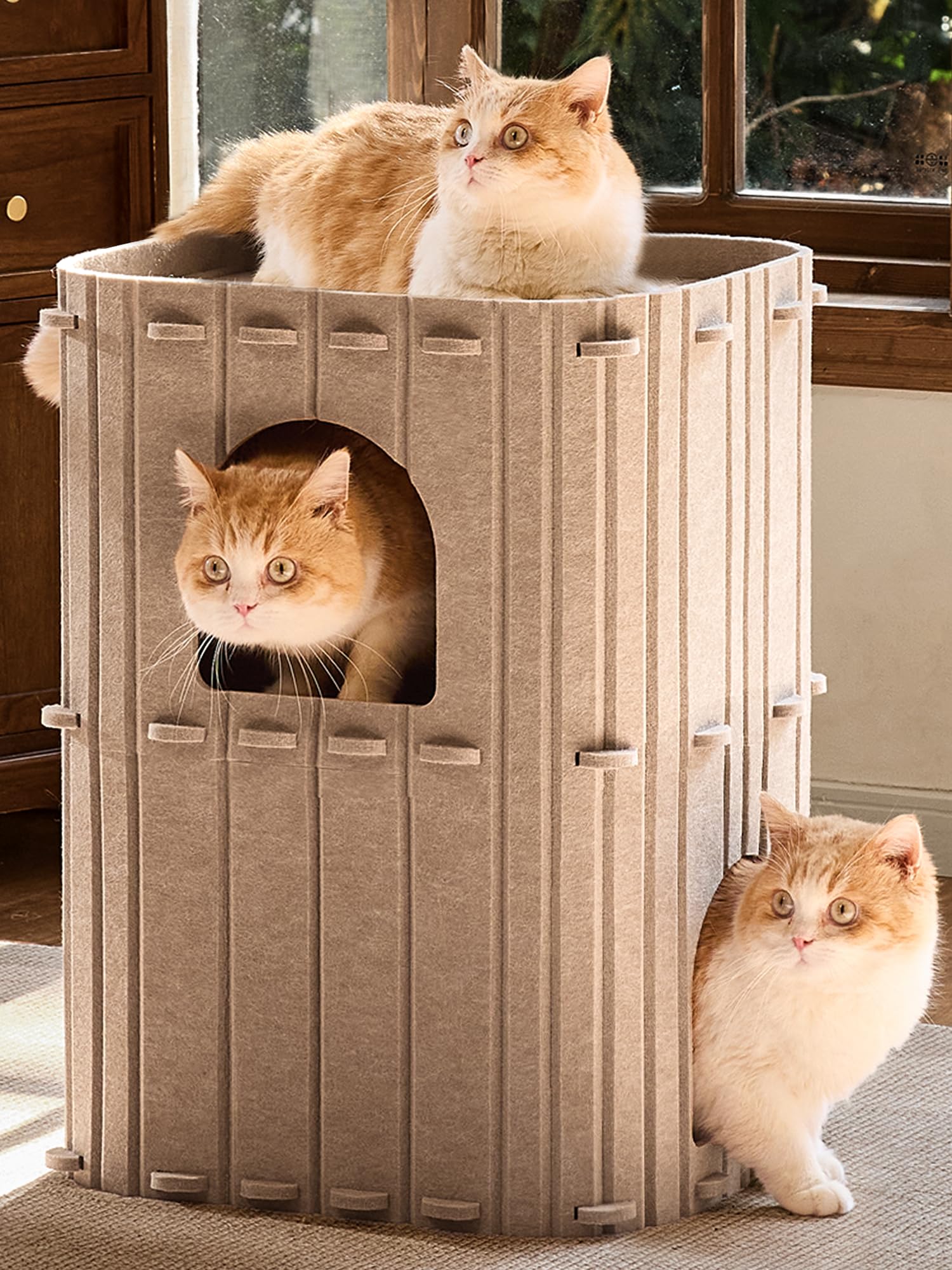 سرير قطط للقطط الداخلية، منزل قطط كبير مكون من طابقين، كهف سرير للقطط المغطى باللباد، مساحات واسعة للقطط المتعددة، مخبأ مغلق للقطط من فوكومارو، 44.9 × 36.3 × 59.9 سم