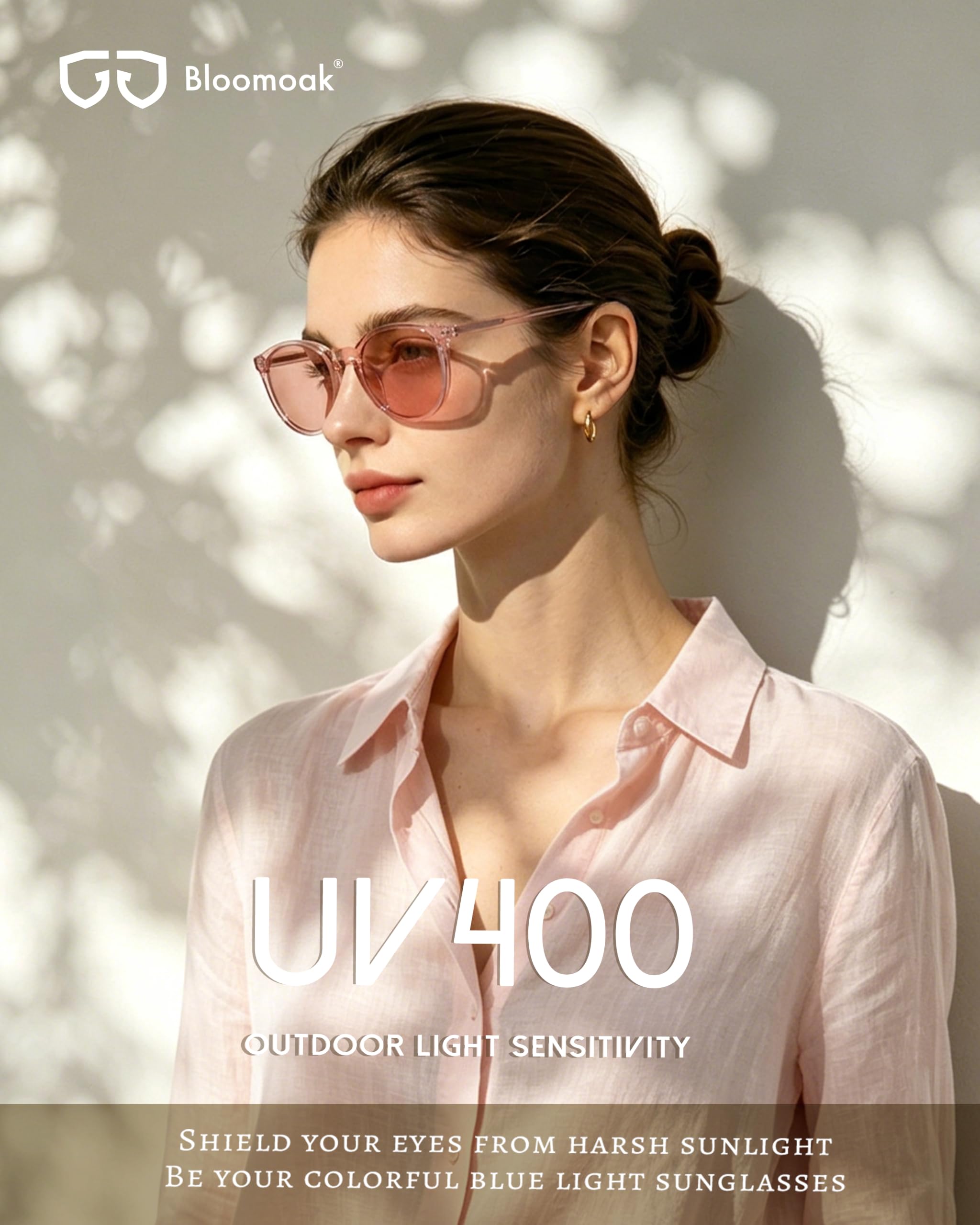 Bloomoak Lunettes anti-migraine teintées rose rétro rond anti-lumière bleue FL-Flex photophobie fatigue oculaire