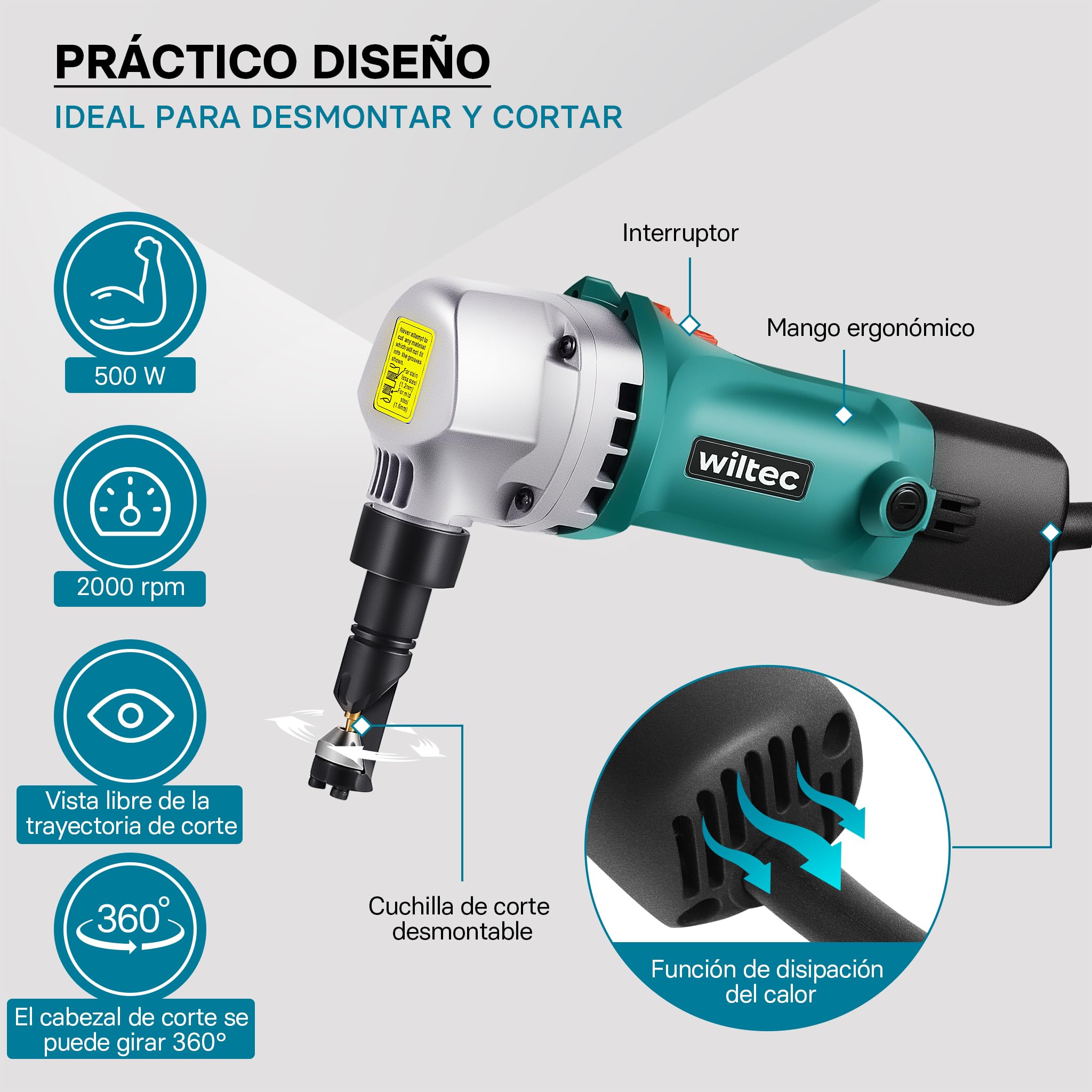 Wiltec Cizalla eléctrica para chapa 500 W corta metal y plástico hasta 2,5 mm cabezal giratorio 360° herramienta para un corte preciso cortadora