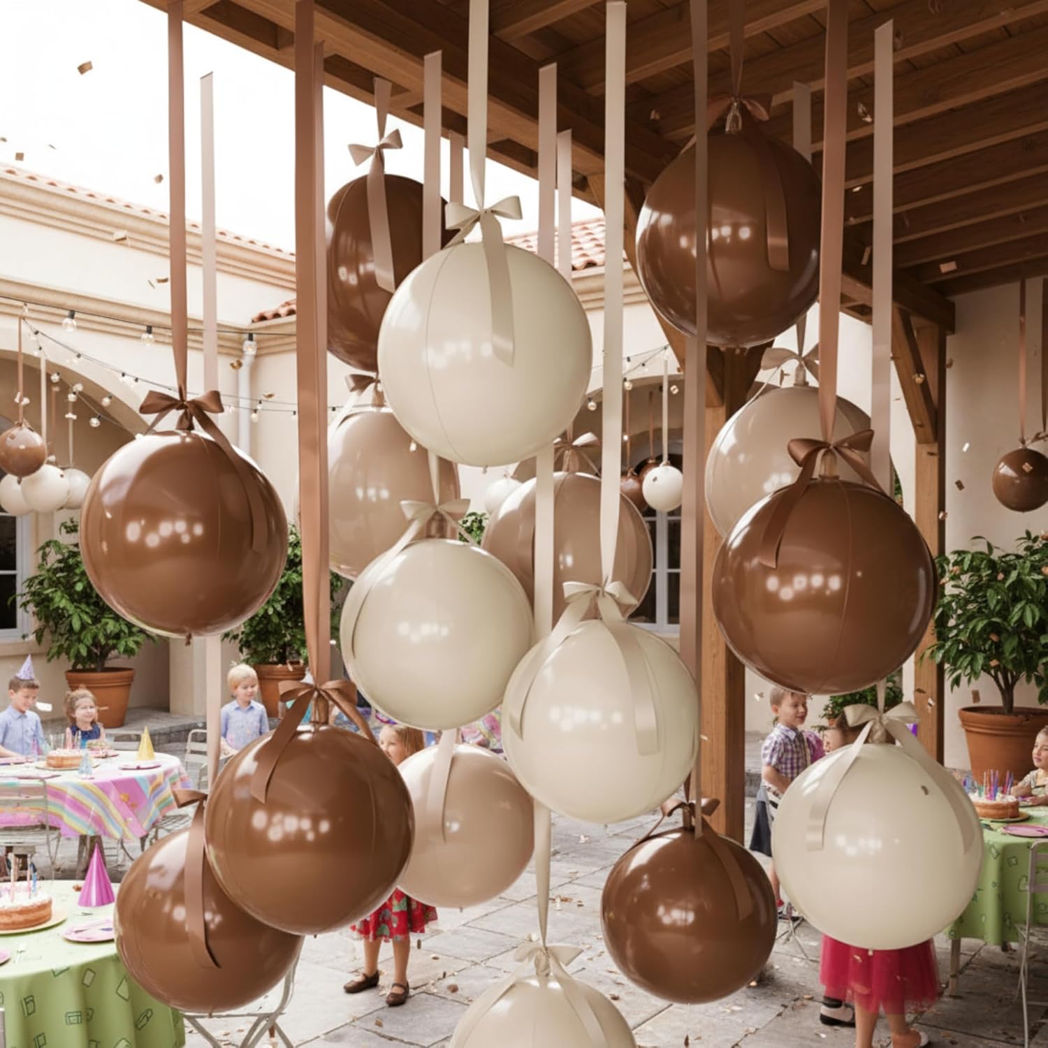 Jenaai 30 Set Round Foil Balloons Bulk 22 Inch 4d Metallic Giant Balloons Set with Satin Bows Ribbon for Ceiling Holiday Ornaments New Year Birthday Wedding Party Decoration(Cream Beige Khaki)