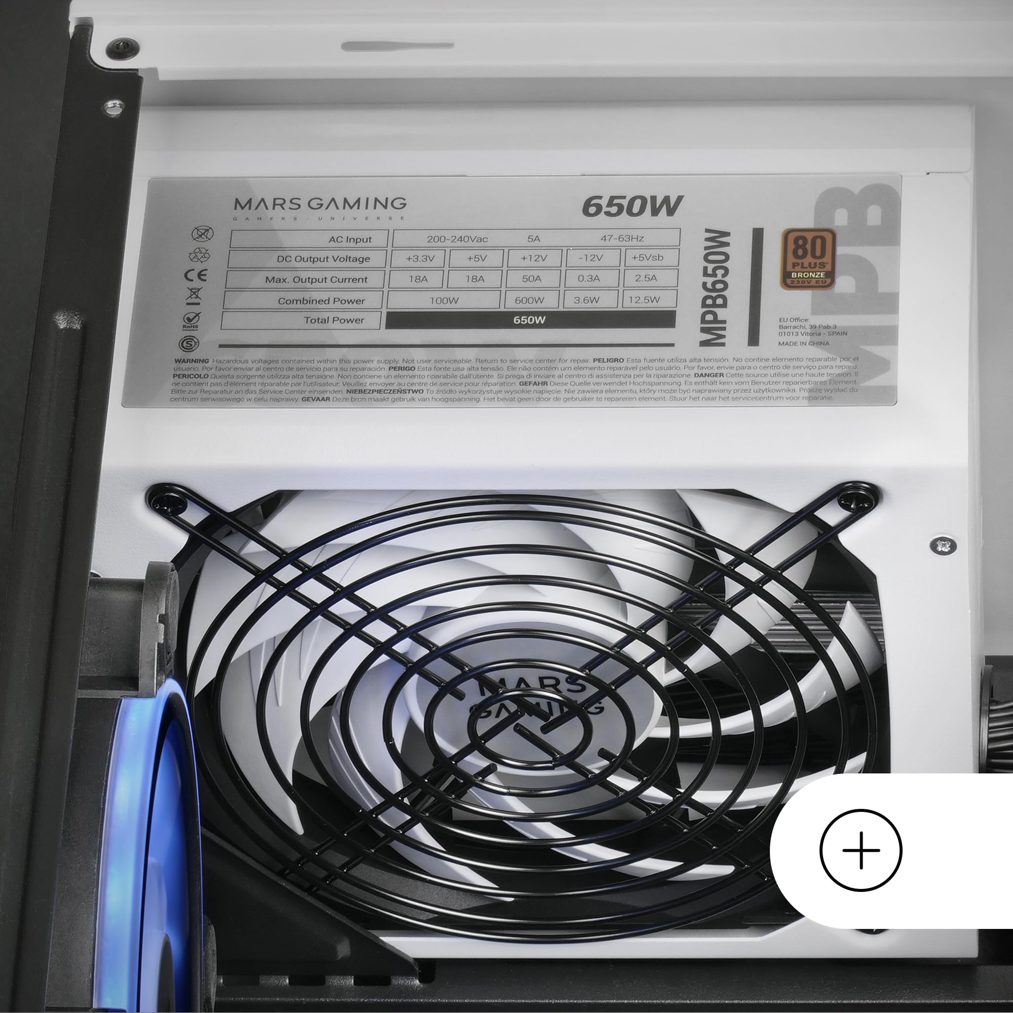 Mars Gaming MPB650, Alimentatore PC ATX 650W, 6 Anni di Garanzia, 80Plus Bronze 230V, Ventola FDB da 140mm con Tecnologia Silenziosa AI-RPM, 90% di Efficienza, Bianco