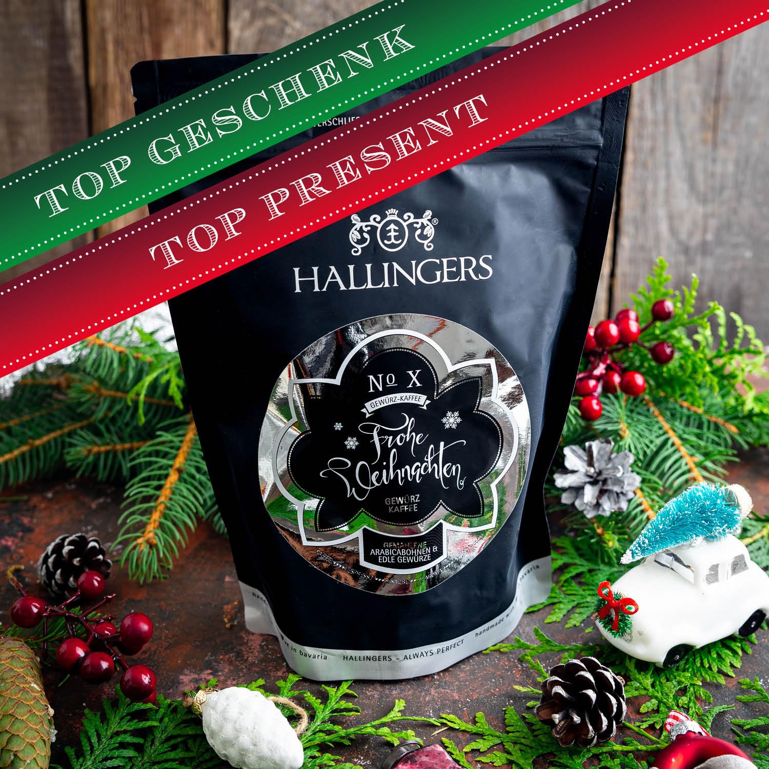 Hallingers Genuss Manufaktur Würz-Kaffee Weihnachts-Geschenk-Set - schonend langzeitgeröstet bei niederen Temperaturen gewürzt 10x "Weihnachtskaffee", Weihnachten für Frauen Männer