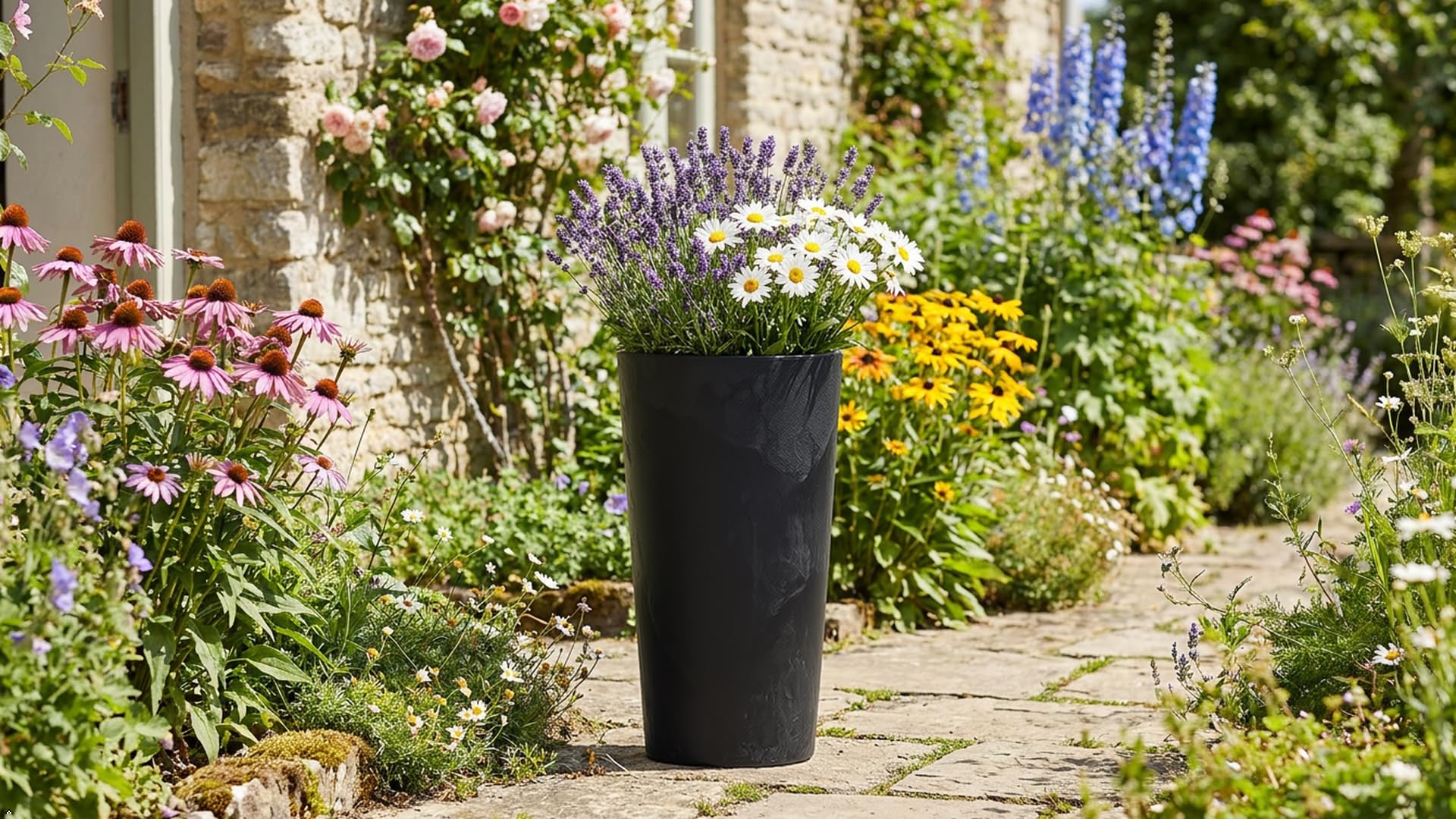 Round Concrete effect Tall Large Plant Pot Flower Indoor Outdoor Garden Planters Tall Plant Pots Outdoor Tall Planter Tall Planters for Outdoor (Concrete Black, 30cm x 57cm)