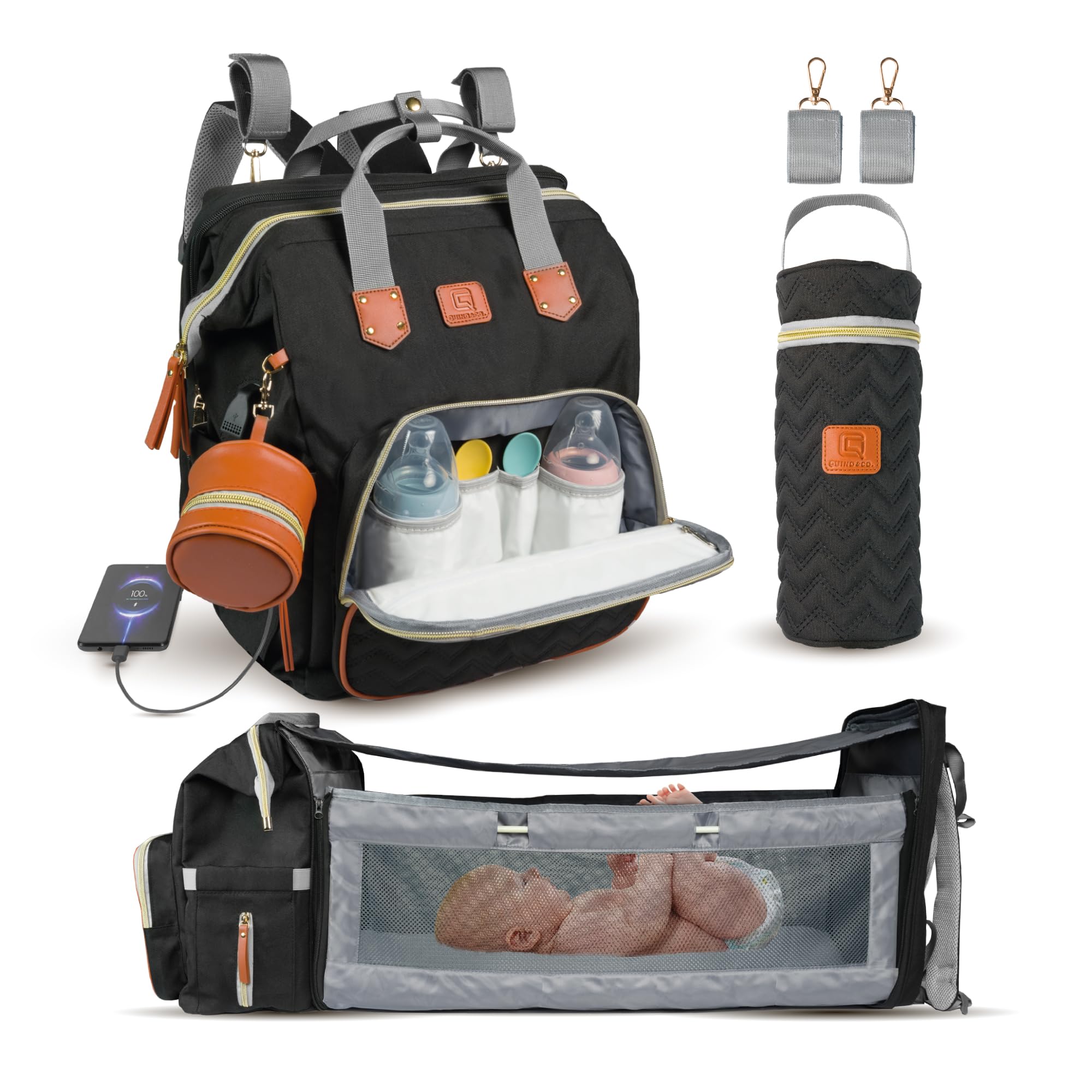 Bolso para Carrito de Bebé Mochila de Pañales con Cuna Extensible QUINO&CO. para Mujer y Hombre (Unisex) con Ganchos Carro, Funda para Biberones, Chupetero, USB | Regalo Bebes Recien Nacidos