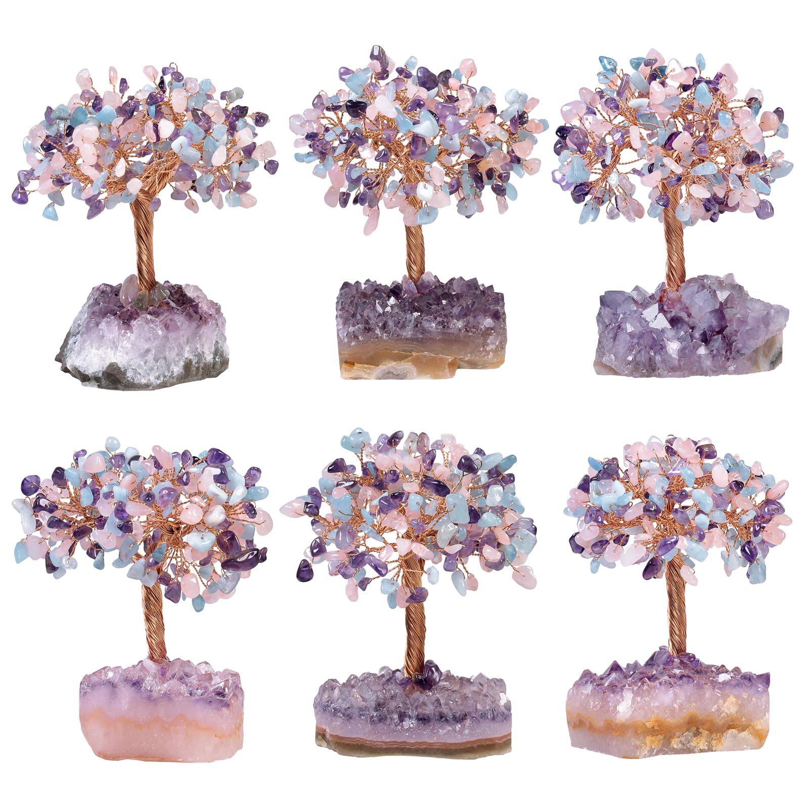 Nupuyai Cuarzo Rosa y Amatista y Aguamarina Árbol de la Vida de Piedra en Base de Geoda Natural, Feng Shui Árbol de Cristal Hecho a Mano para Decoración Interior y Reiki Chakra